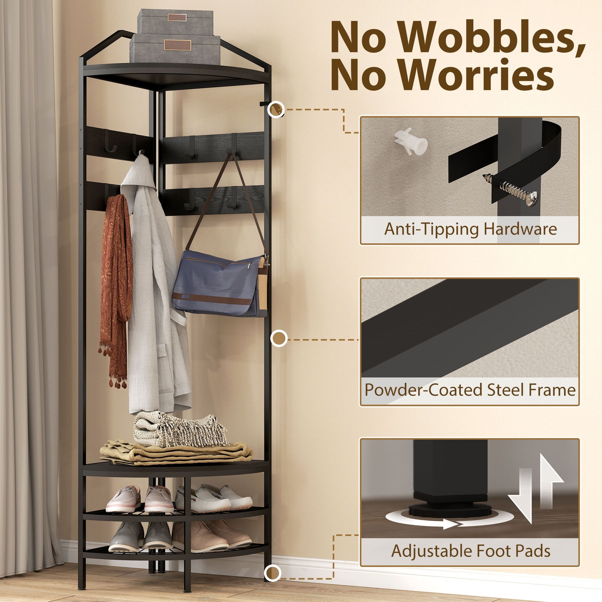 HOMCOM Corner Hall Tree, Industrial 4-Tier Coat Rack with Shoe Storage, 8 Movable Hooks and 2 Shelves for Hallway, Black