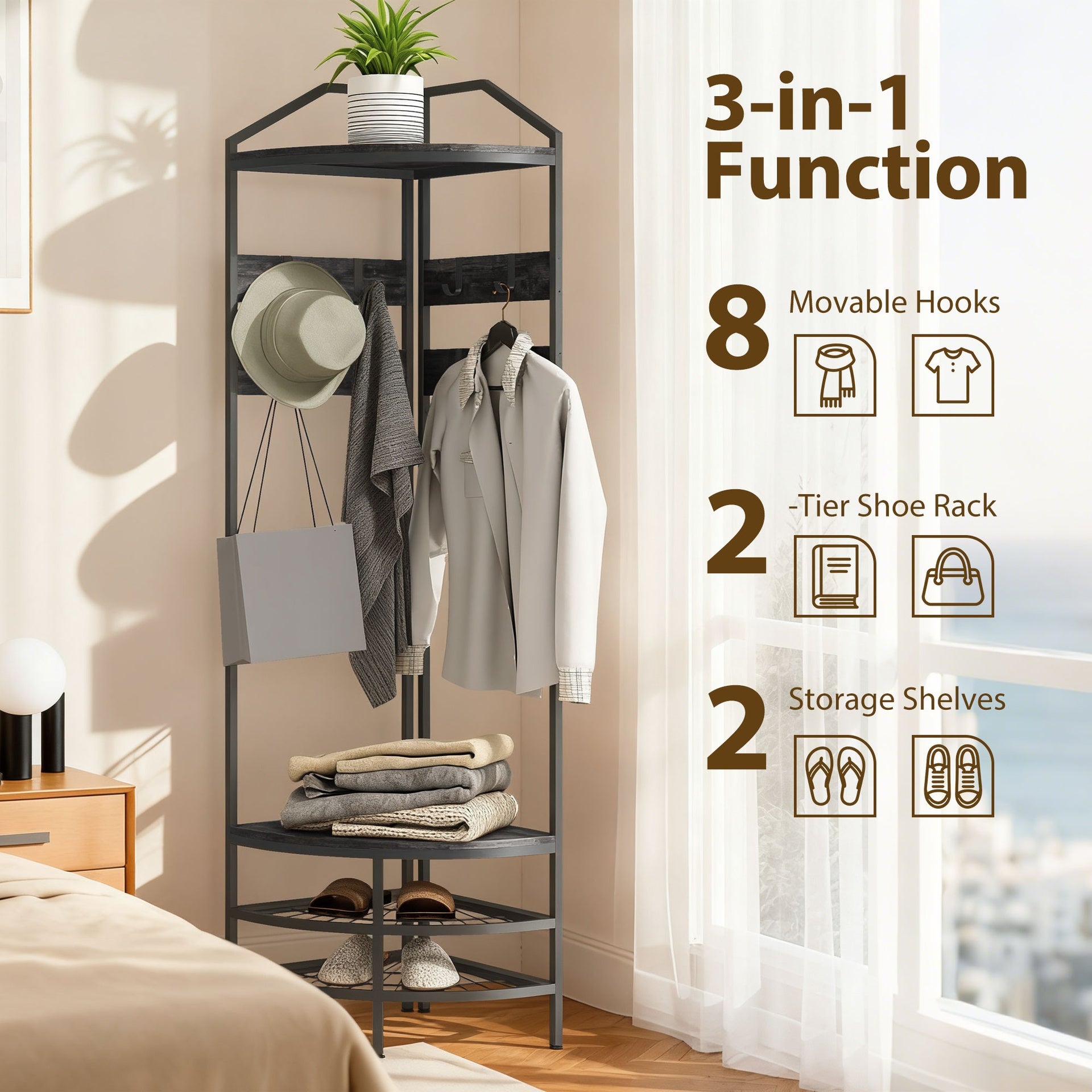 HOMCOM Corner Hall Tree, Industrial 4-Tier Coat Rack with Shoe Storage, 8 Movable Hooks and 2 Shelves for Hallway, Black