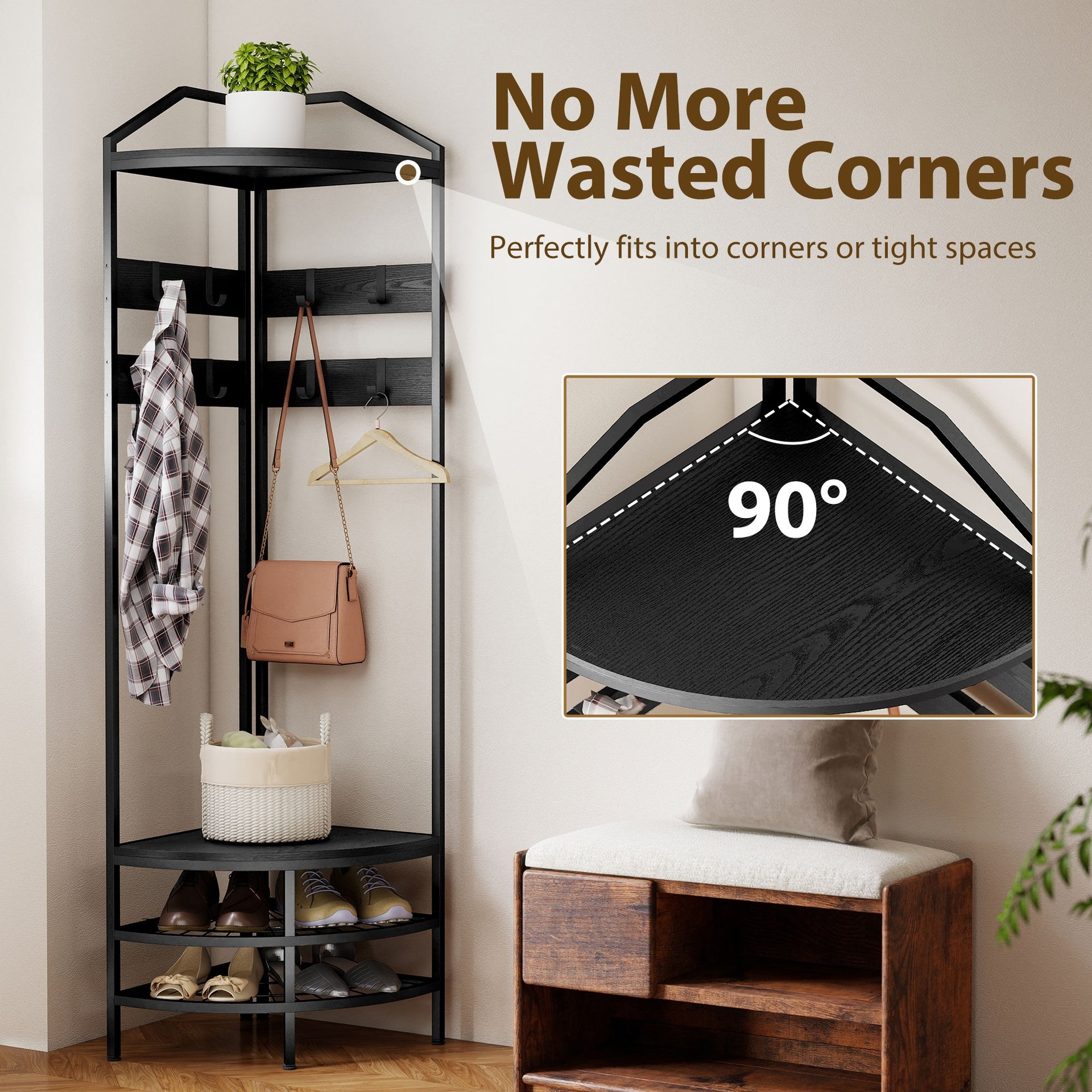 HOMCOM Corner Hall Tree, Industrial 4-Tier Coat Rack with Shoe Storage, 8 Movable Hooks and 2 Shelves for Hallway, Black