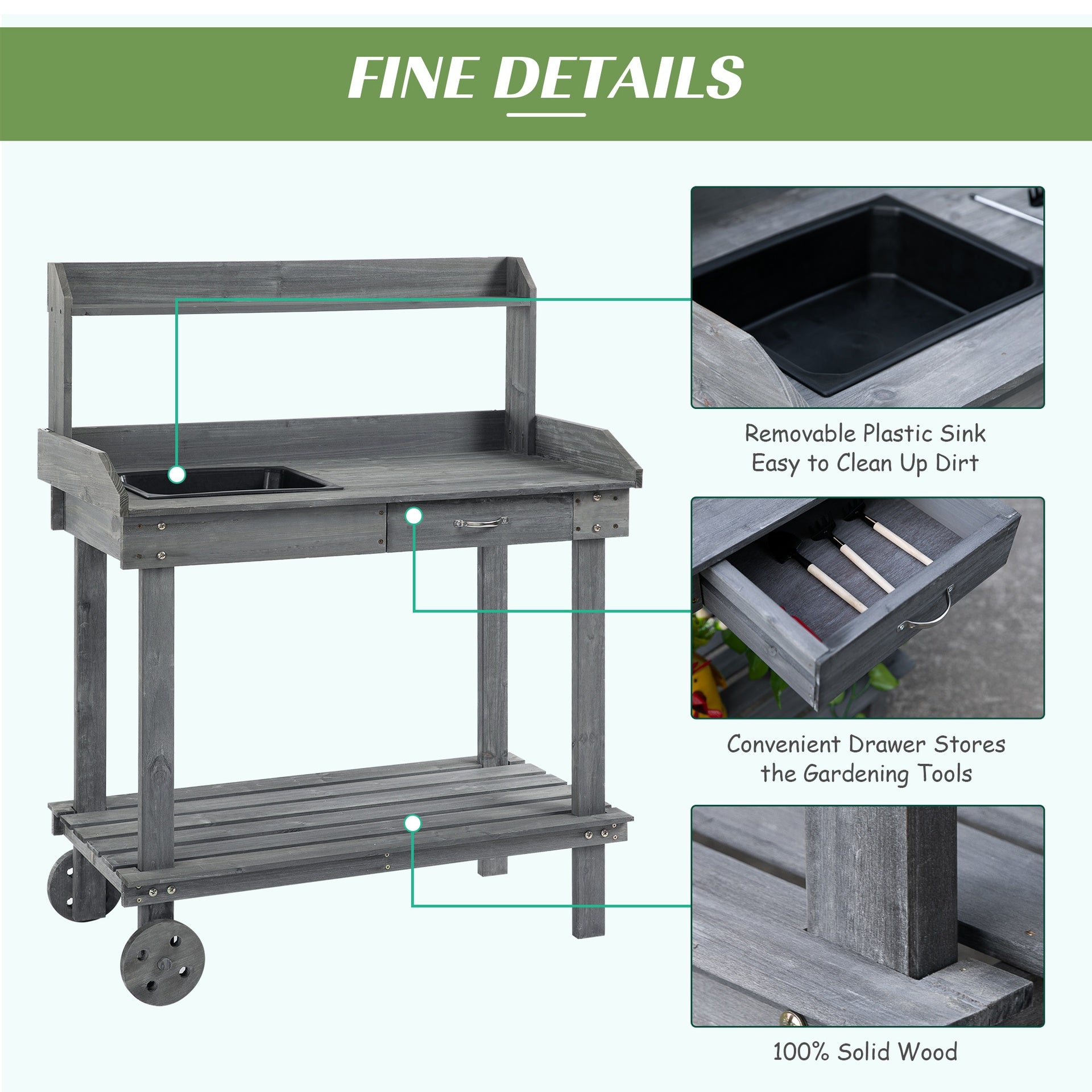 Outsunny 36'' Wooden Potting Bench Work Table with 2 Removable Wheels, Sink, Drawer & Large Storage Spaces, Gray