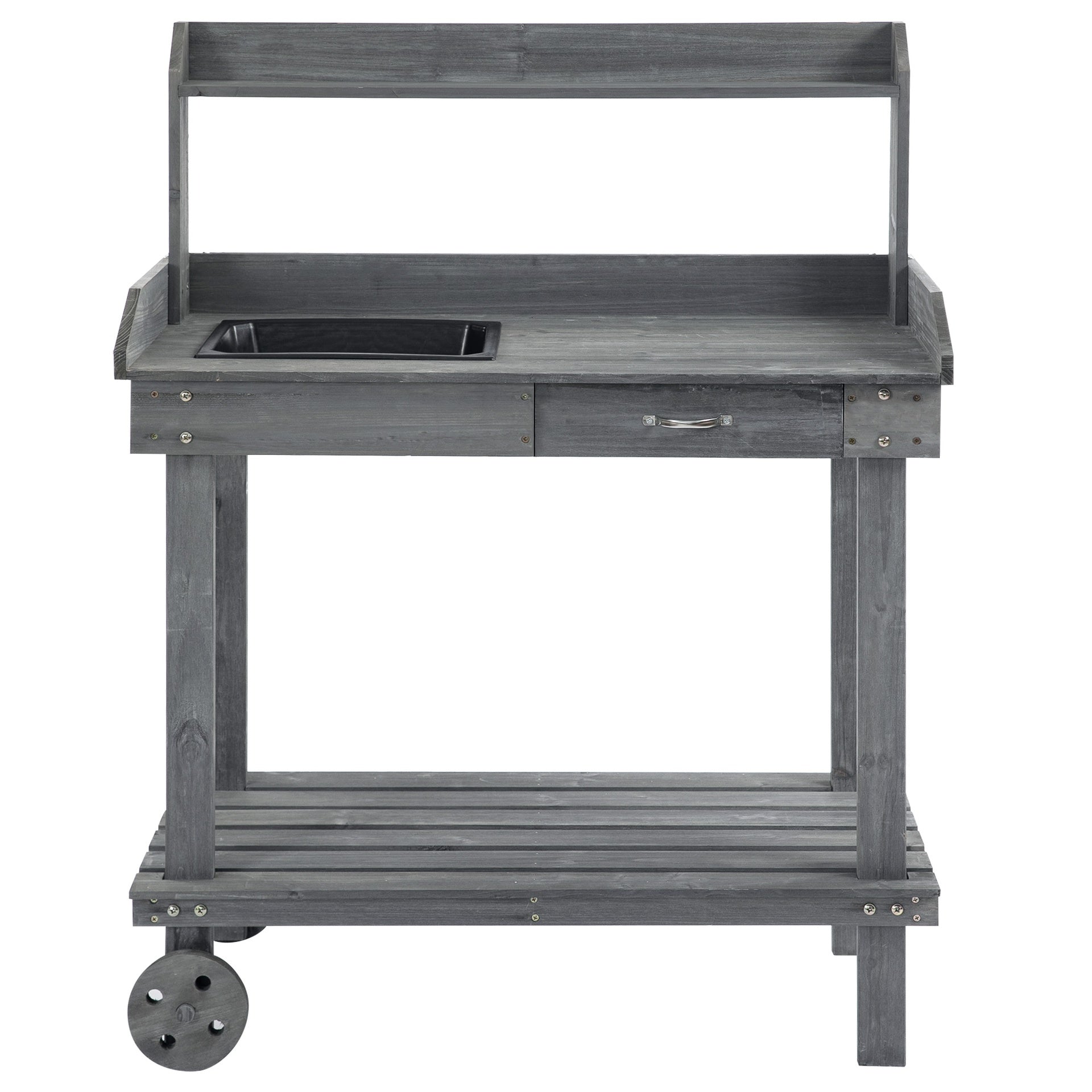 Outsunny 36'' Wooden Potting Bench Work Table with 2 Removable Wheels, Sink, Drawer & Large Storage Spaces, Gray