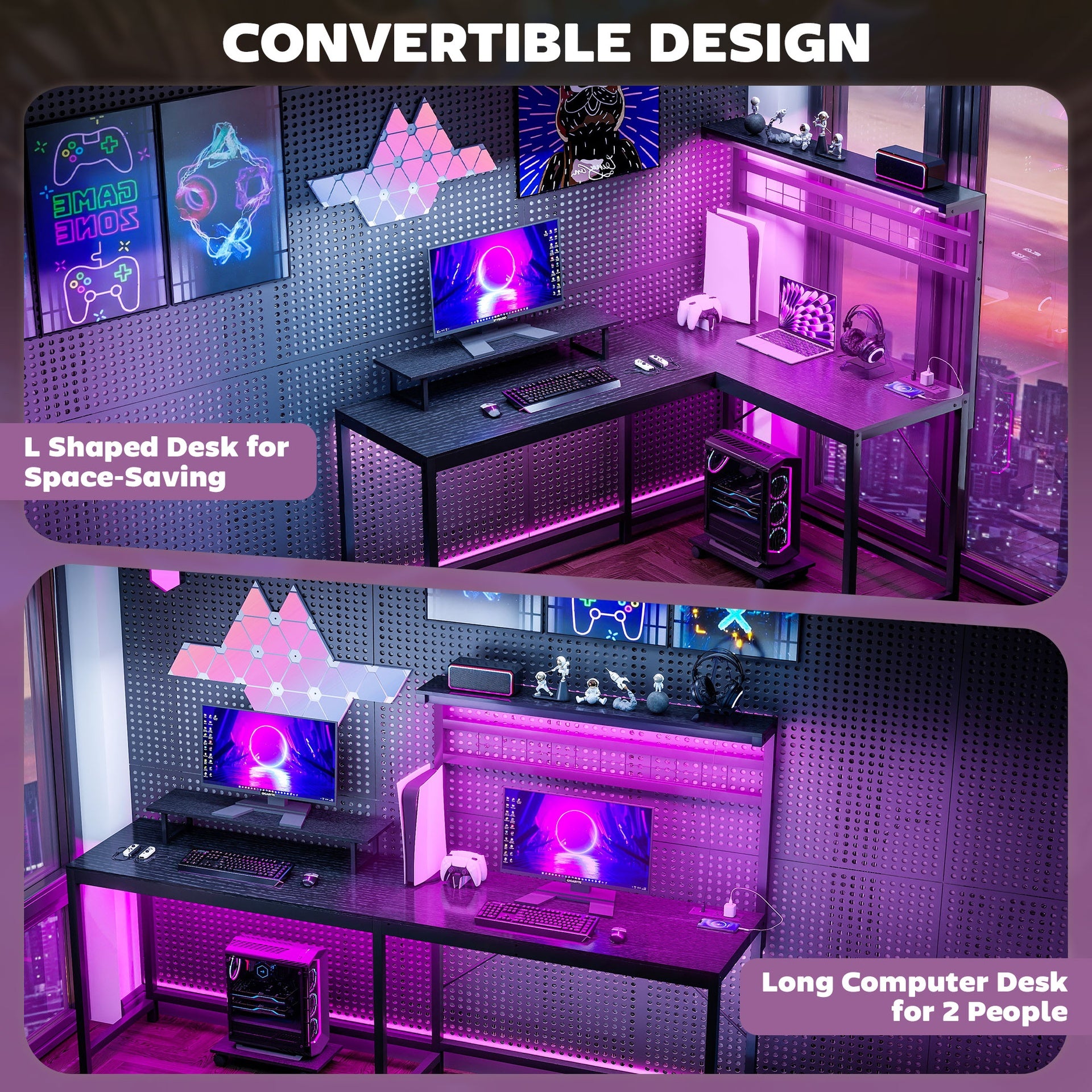 HOMCOM 61.6" L Shaped Gaming Desk with Power Outlets & LED Lights, Computer Desk with Monitor Stand and CPU Shelf, Black