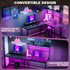 HOMCOM 61.6" L Shaped Gaming Desk with Power Outlets & LED Lights, Computer Desk with Monitor Stand and CPU Shelf, Black