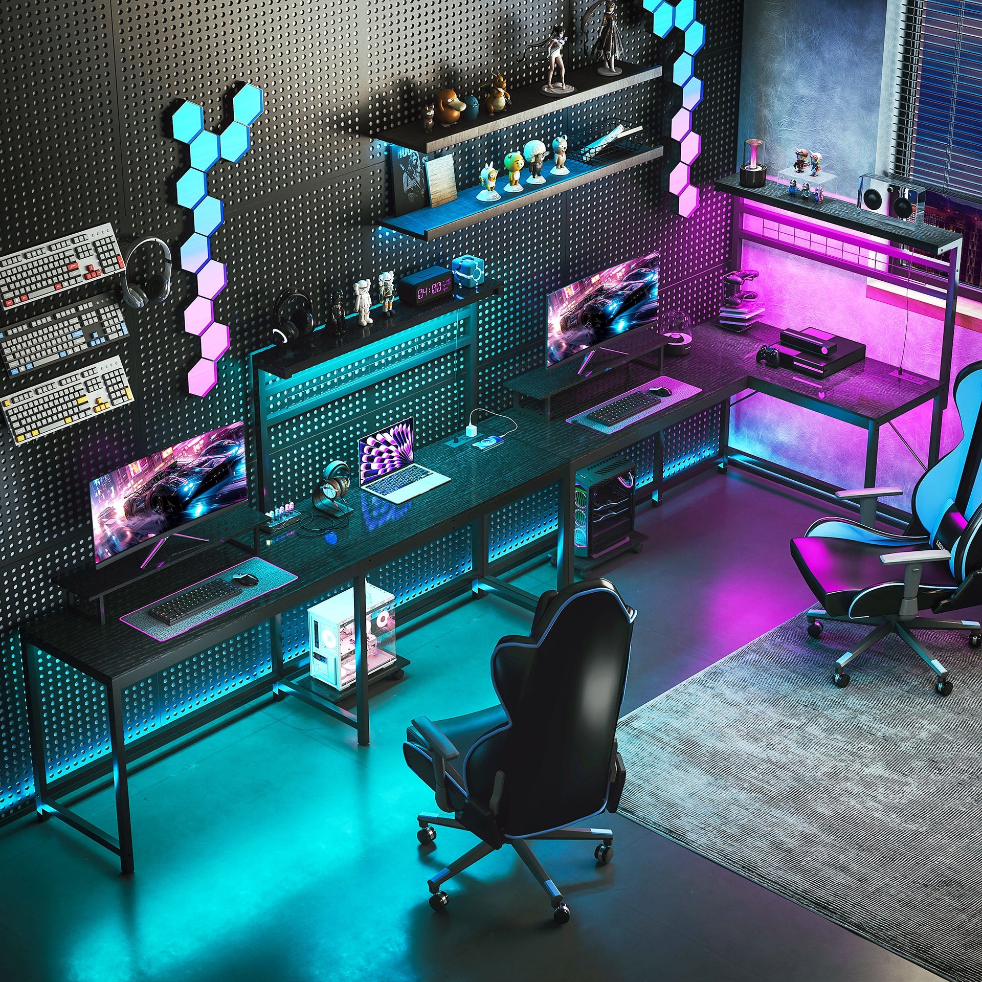 HOMCOM 61.6" L Shaped Gaming Desk with Power Outlets & LED Lights, Computer Desk with Monitor Stand and CPU Shelf, Black