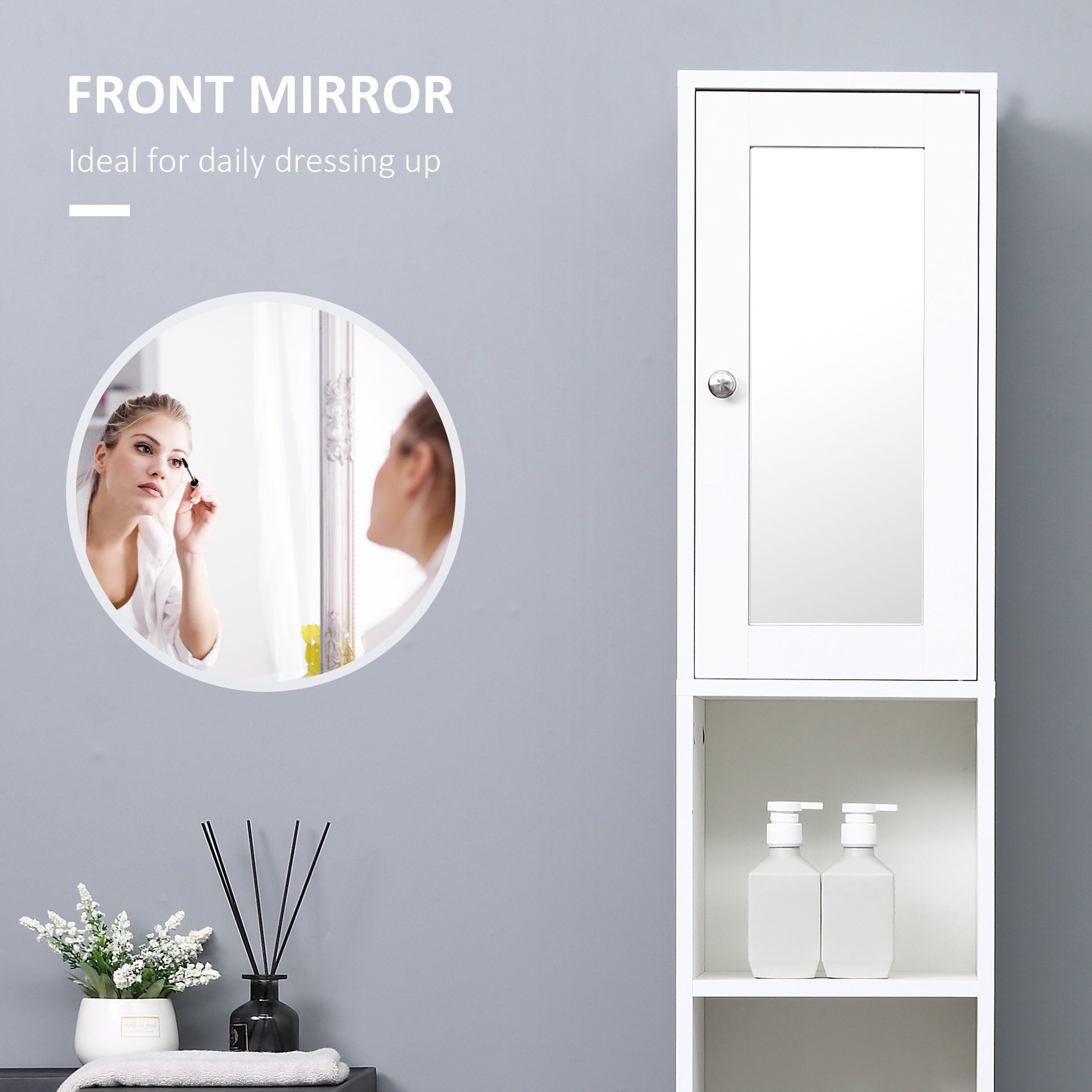 kleankin Tall Bathroom Storage Cabinet with Mirror, Wooden Freestanding Tower Cabinet with Adjustable Shelves for Bathroom or Living Room, White