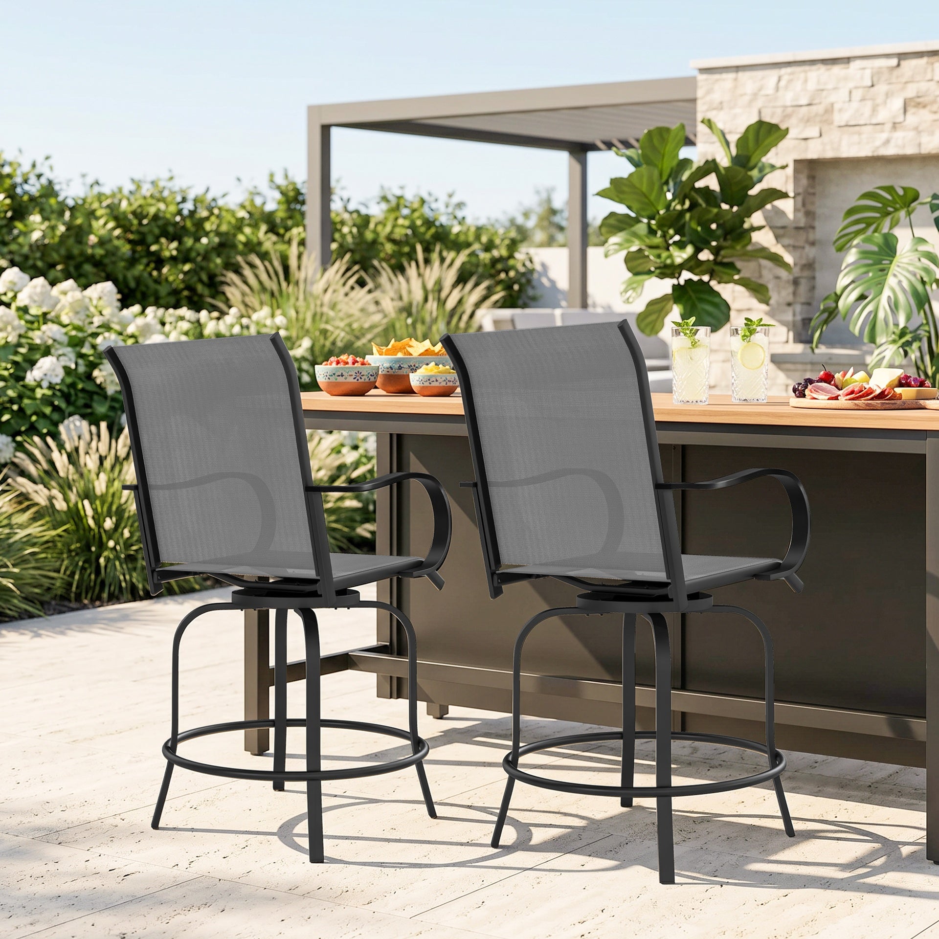 Outsunny Outdoor Bar Stools Set of 2, 360° Swivel Bar Height Chairs, 26.75" x 29.5" x 48.5", Gray