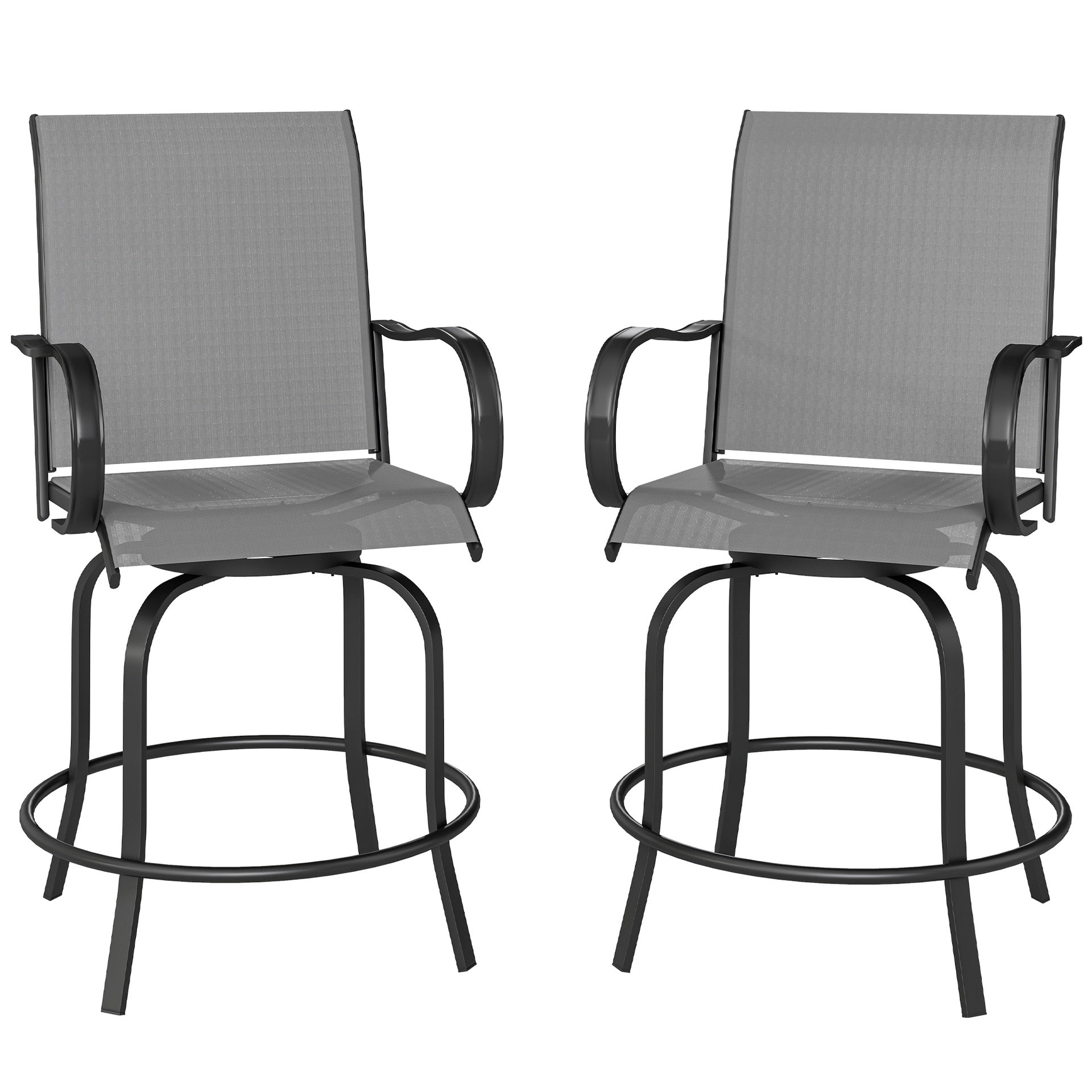 Outsunny Outdoor Bar Stools Set of 2, 360° Swivel Bar Height Chairs, 26.75" x 29.5" x 48.5", Gray
