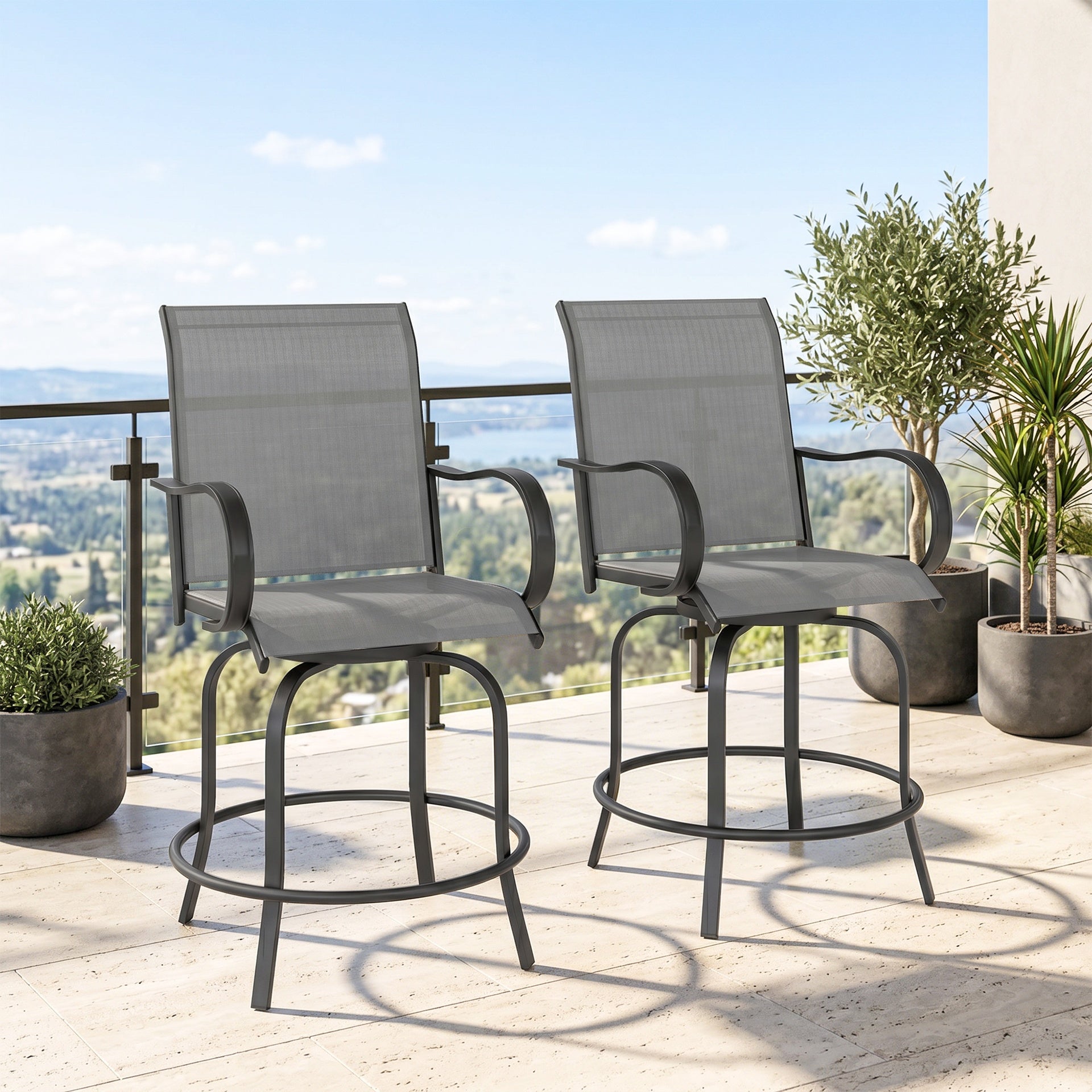 Outsunny Outdoor Bar Stools Set of 2, 360° Swivel Bar Height Chairs, 26.75" x 29.5" x 48.5", Gray