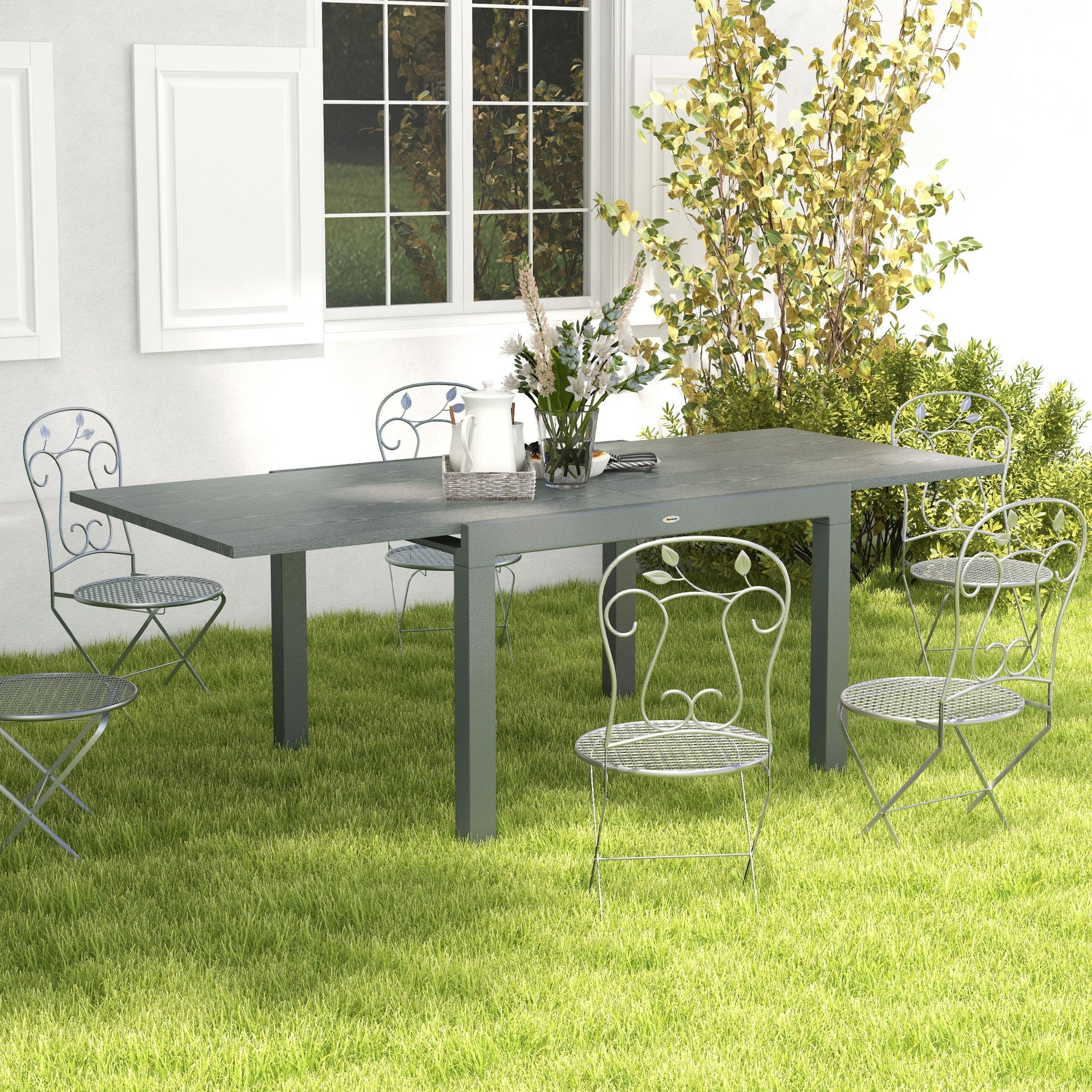Outsunny Patio Table for 6-8 People, Aluminum Frame Rectangle Garden Table with Wood Effect Steel Top, for Backyard, Dark Gray