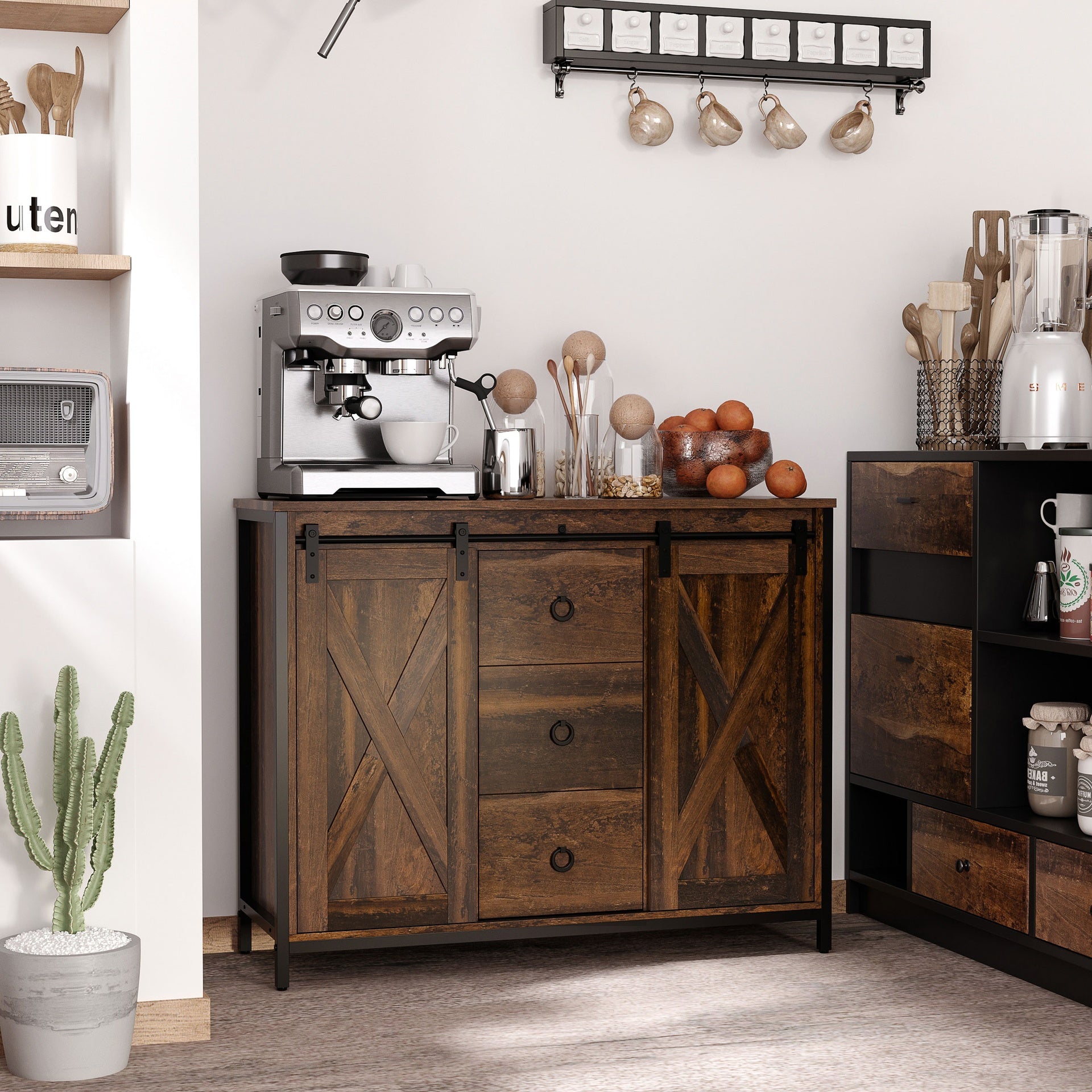 HOMCOM Buffet Cabinet Kitchen Sideboard with Sliding Barn Doors, Brown