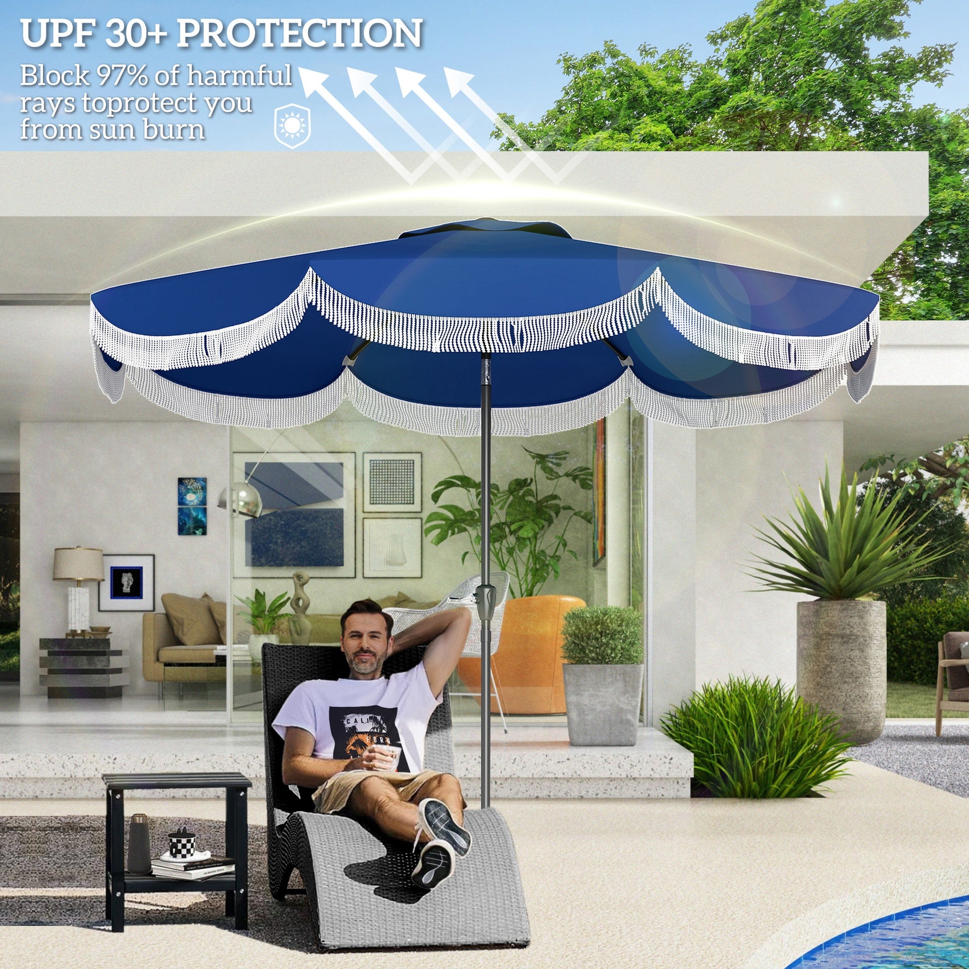 Outsunny 9FT Patio Umbrella, UPF 30+ Outdoor Market Umbrella with Crank, 8 Ribs, Push Button Tilt, Vented for Patio Deck Backyard Lawn, Navy Blue