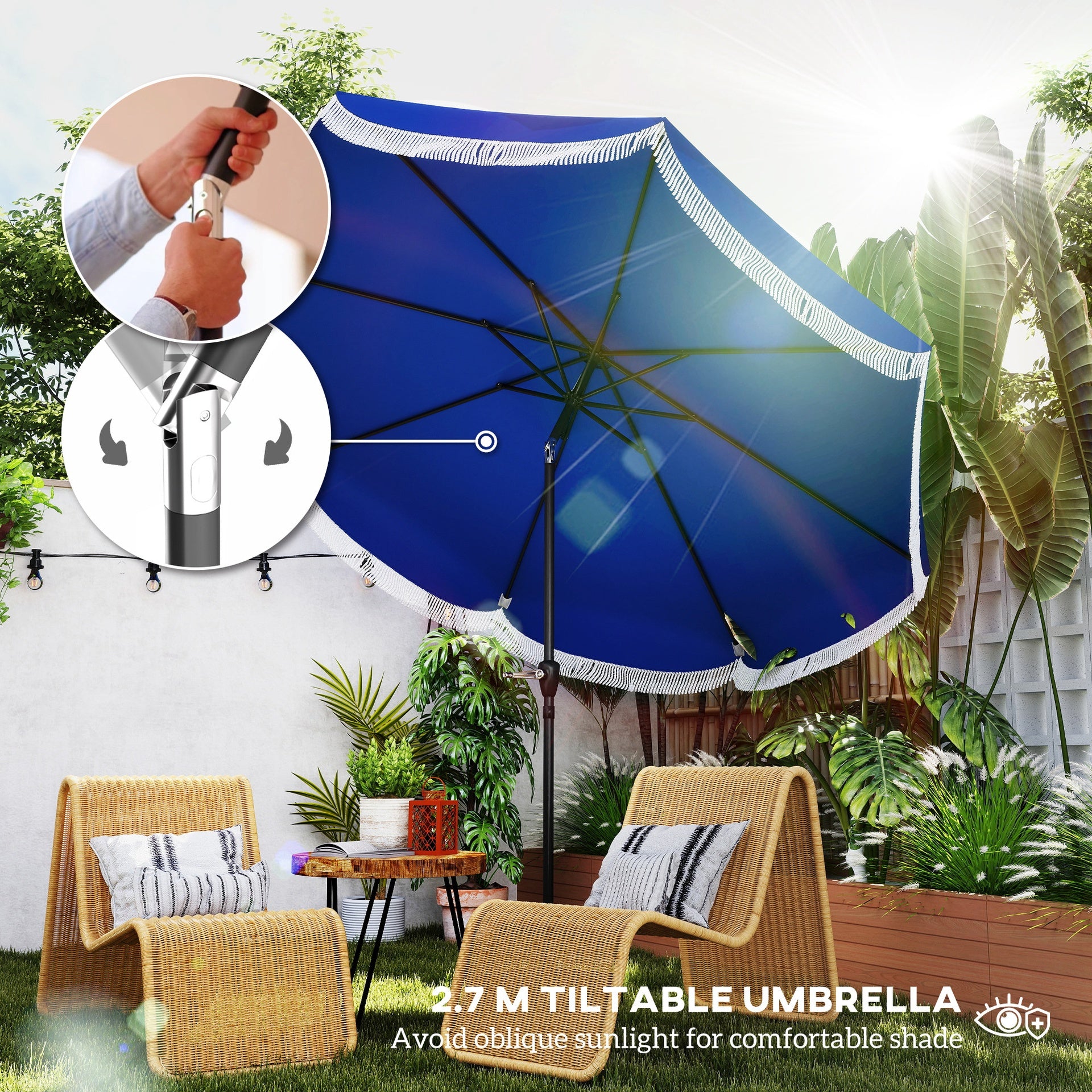 Outsunny 9FT Patio Umbrella, UPF 30+ Outdoor Market Umbrella with Crank, 8 Ribs, Push Button Tilt, Vented for Patio Deck Backyard Lawn, Navy Blue