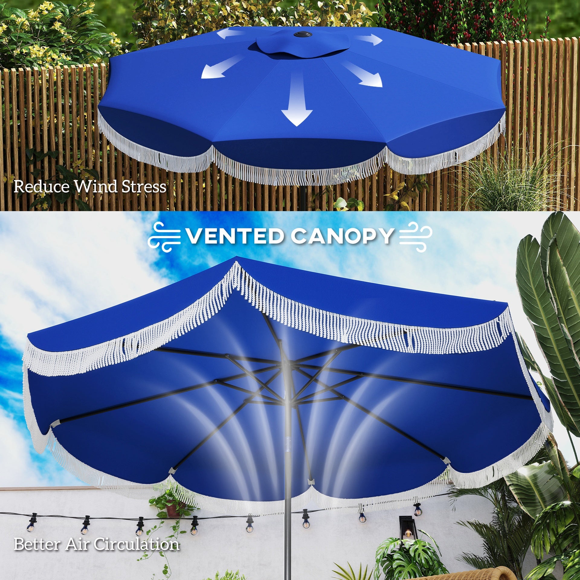 Outsunny 9FT Patio Umbrella, UPF 30+ Outdoor Market Umbrella with Crank, 8 Ribs, Push Button Tilt, Vented for Patio Deck Backyard Lawn, Navy Blue