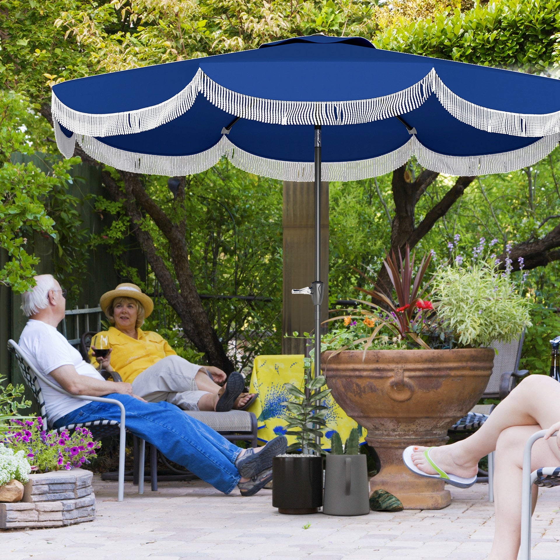 Outsunny 9FT Patio Umbrella, UPF 30+ Outdoor Market Umbrella with Crank, 8 Ribs, Push Button Tilt, Vented for Patio Deck Backyard Lawn, Navy Blue
