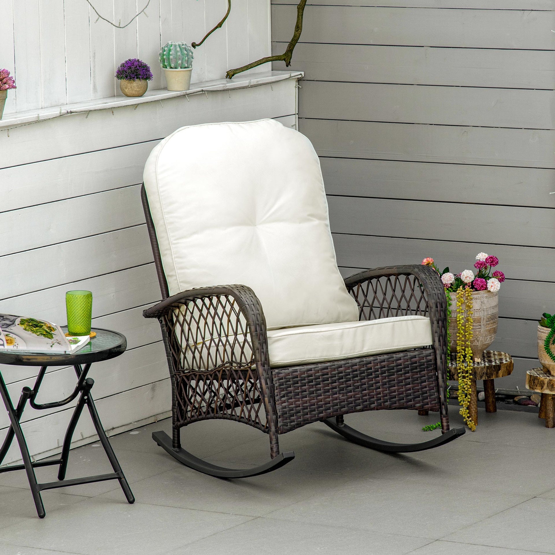 Outsunny Outdoor PE Rattan Wicker Recliner Rocker Chair w/ Soft Cushion for Garden