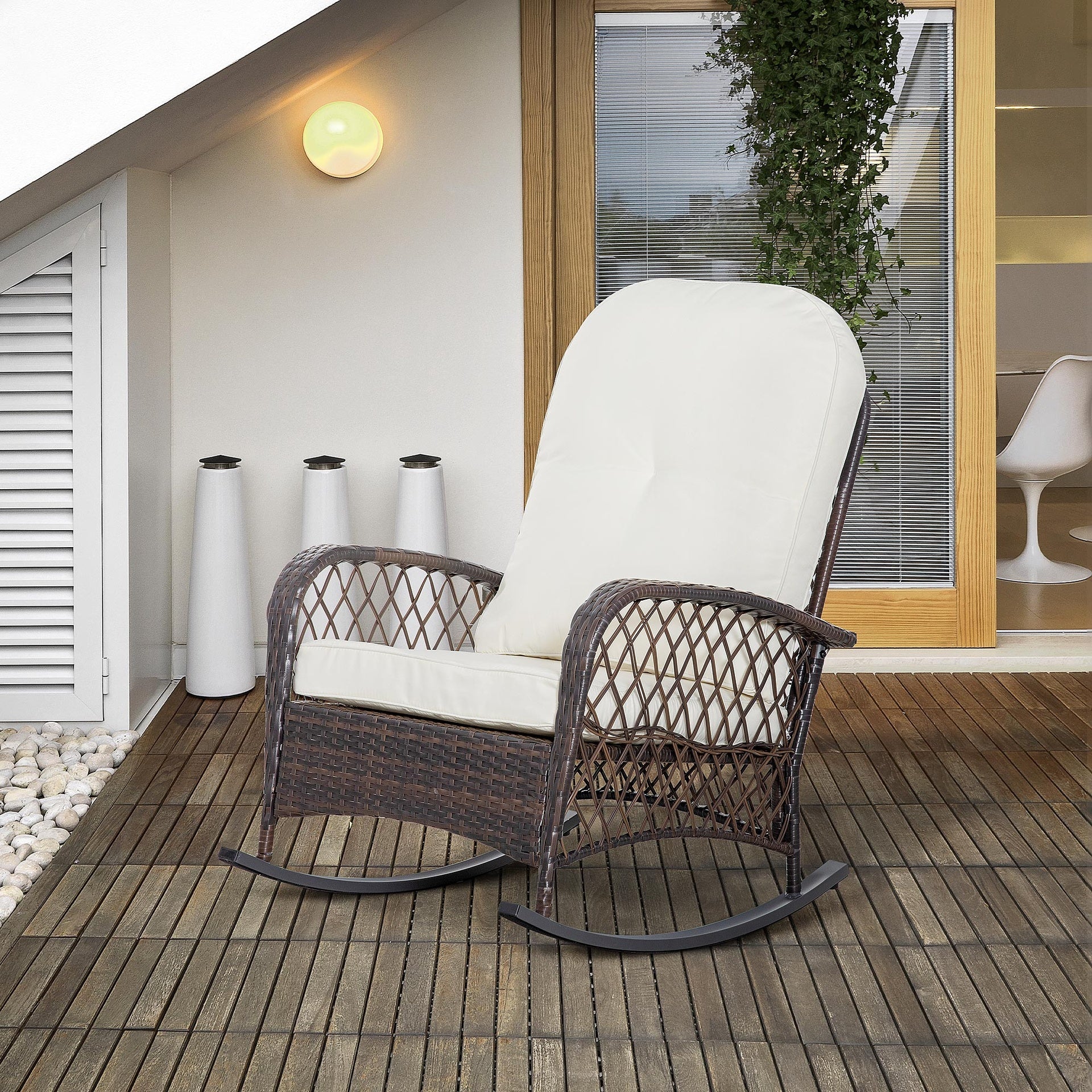 Outsunny Outdoor PE Rattan Wicker Recliner Rocker Chair w/ Soft Cushion for Garden