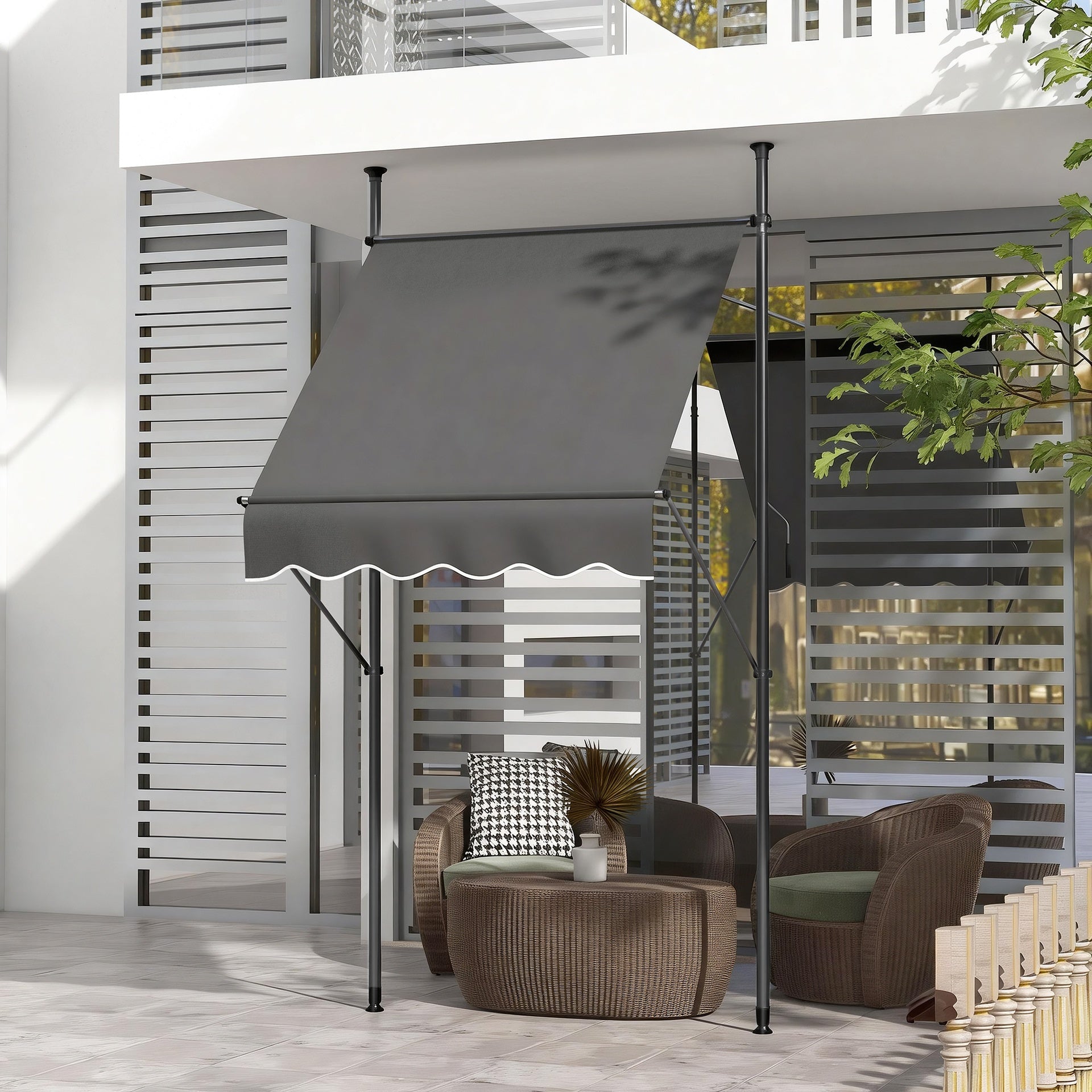 Outsunny 5' x 4' Manual Retractable Awning, Non-Screw Patio Awning, UV Resistant, for Window or Door, Dark Gray