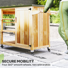 Outsunny Outdoor Grill Cart with Stainless Steel Top, Solid Wood Outdoor Kitchen Island with Wheels, Natural Wood