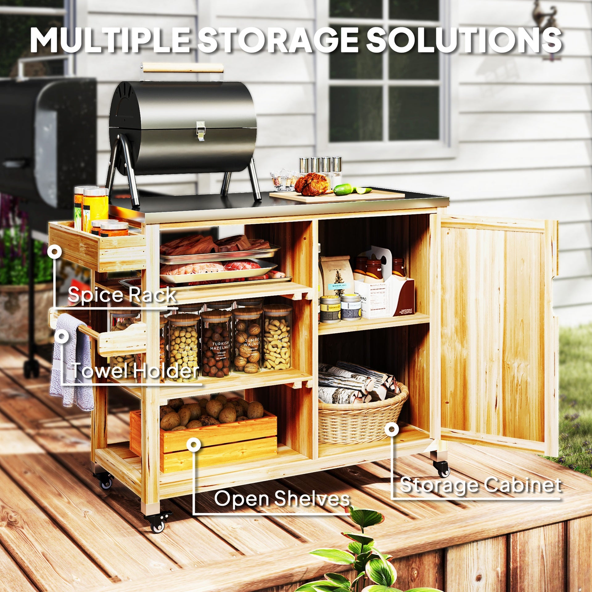 Outsunny Outdoor Grill Cart with Stainless Steel Top, Solid Wood Outdoor Kitchen Island with Wheels, Natural Wood