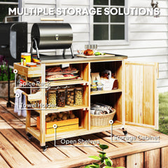Outsunny Outdoor Grill Cart with Stainless Steel Top, Solid Wood Outdoor Kitchen Island with Wheels, Natural Wood