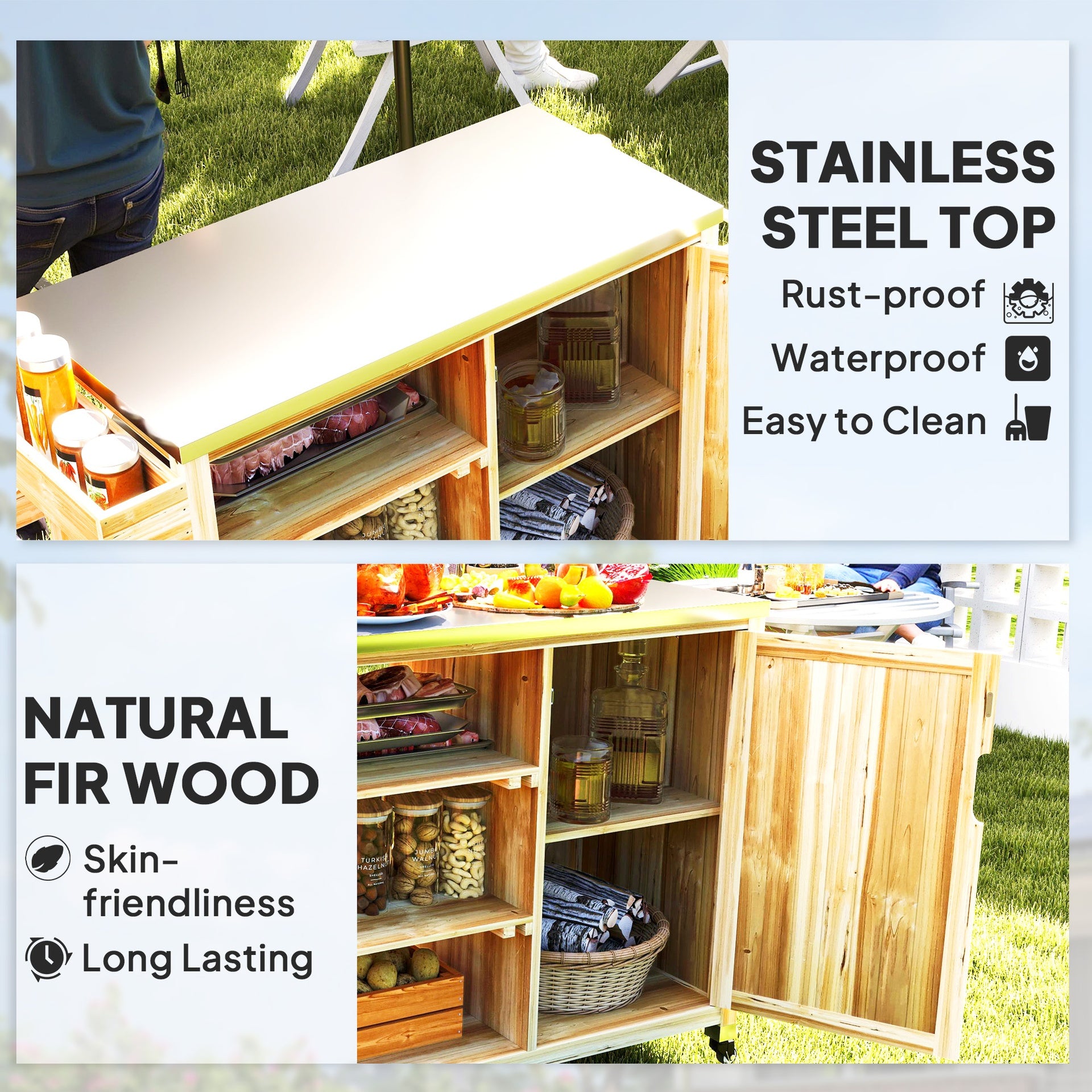 Outsunny Outdoor Grill Cart with Stainless Steel Top, Solid Wood Outdoor Kitchen Island with Wheels, Natural Wood