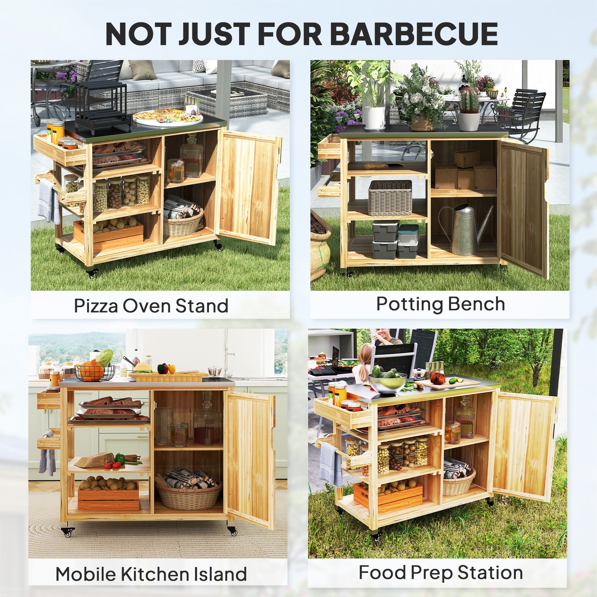 Outsunny Outdoor Grill Cart with Stainless Steel Top, Solid Wood Outdoor Kitchen Island with Wheels, Natural Wood