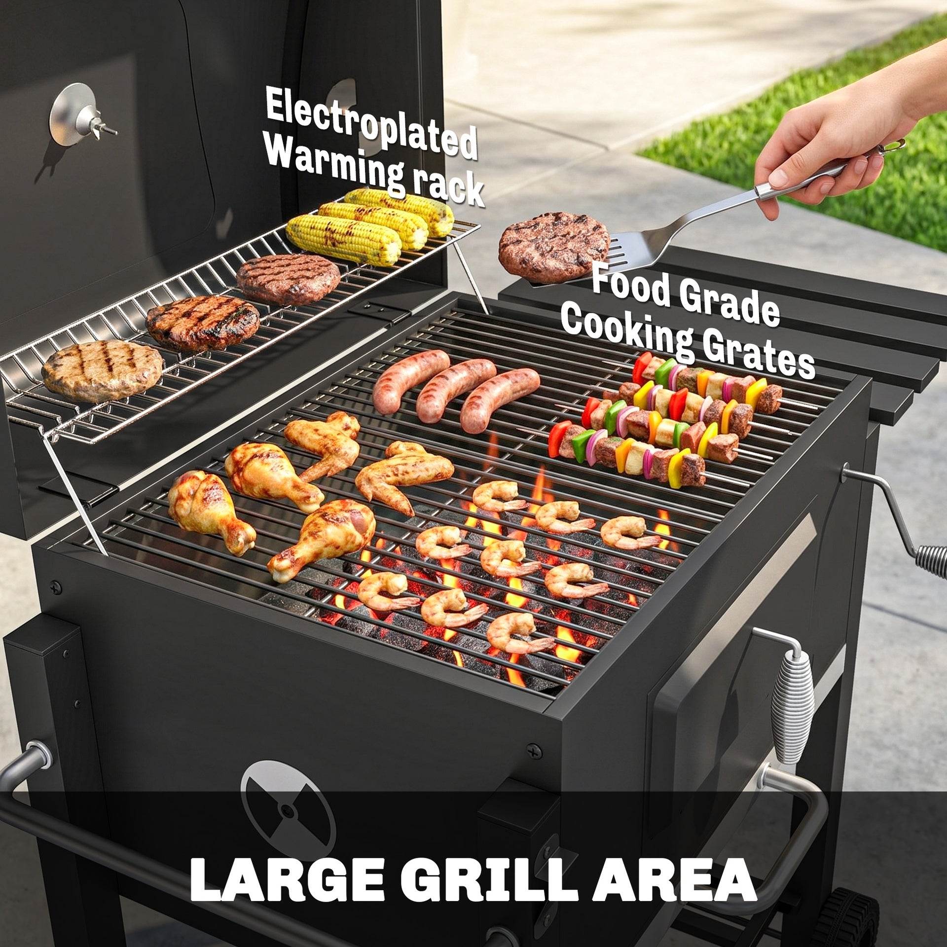 Outsunny Charcoal BBQ Grill and Smoker Combo Outdoor Portable Trolley Camping Picnic Backyard with Side Shelf, Black