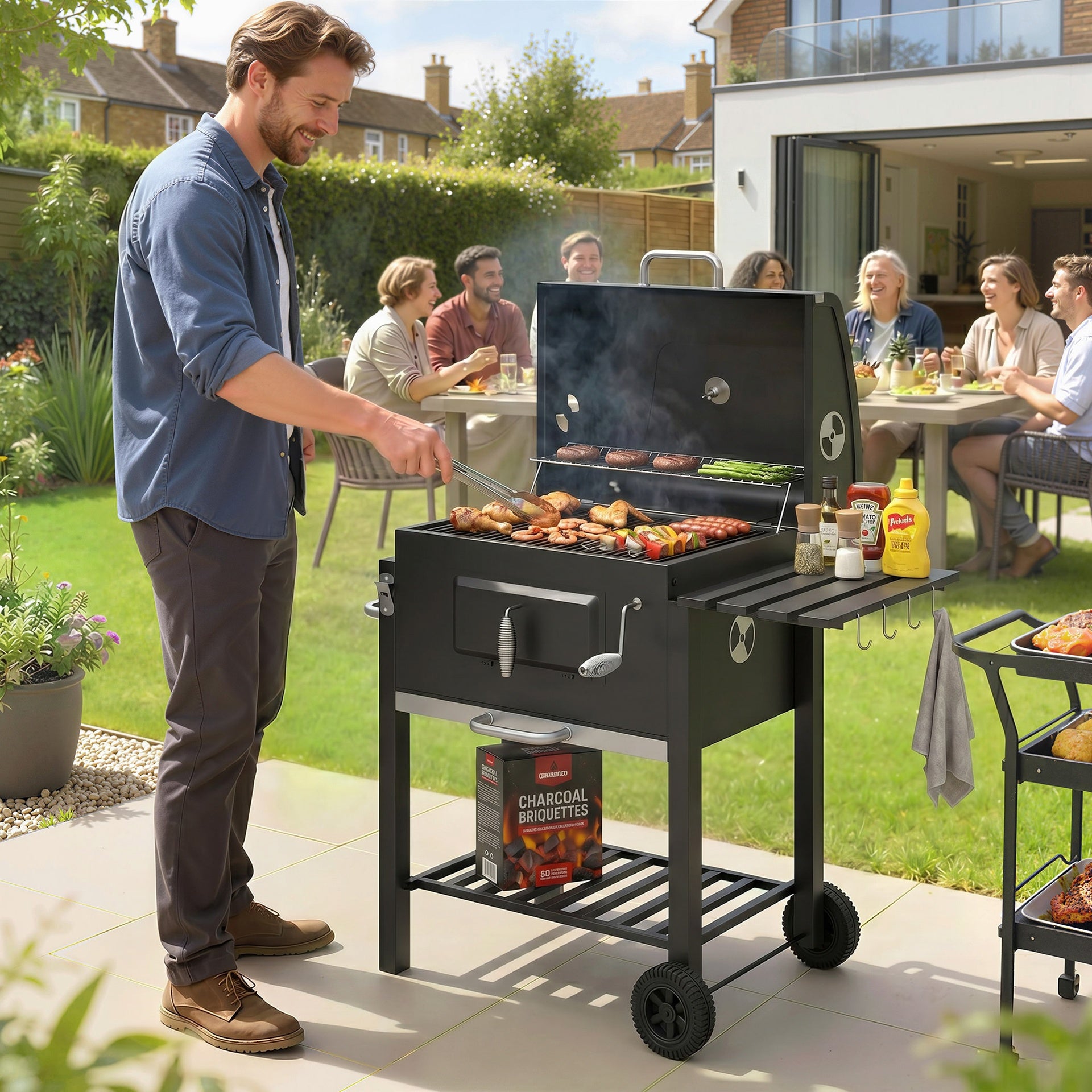 Outsunny Charcoal BBQ Grill and Smoker Combo Outdoor Portable Trolley Camping Picnic Backyard with Side Shelf, Black