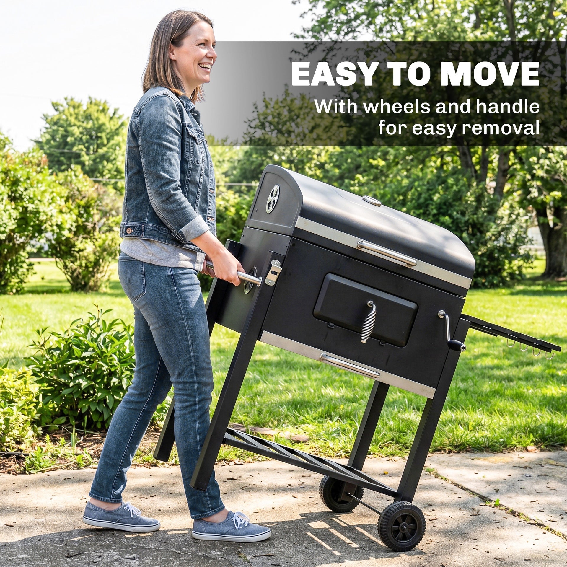 Outsunny Charcoal BBQ Grill and Smoker Combo Outdoor Portable Trolley Camping Picnic Backyard with Side Shelf, Black