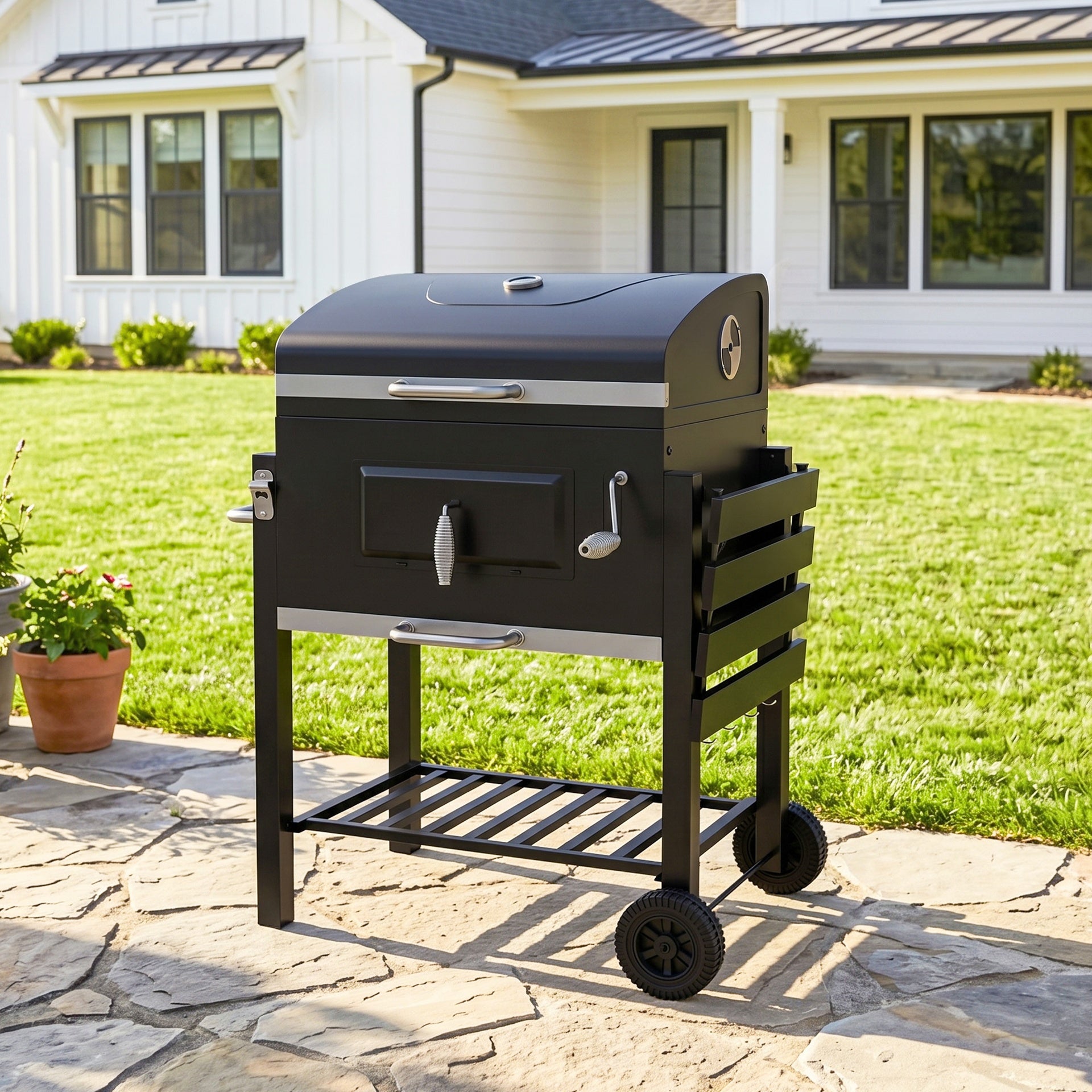 Outsunny Charcoal BBQ Grill and Smoker Combo Outdoor Portable Trolley Camping Picnic Backyard with Side Shelf, Black
