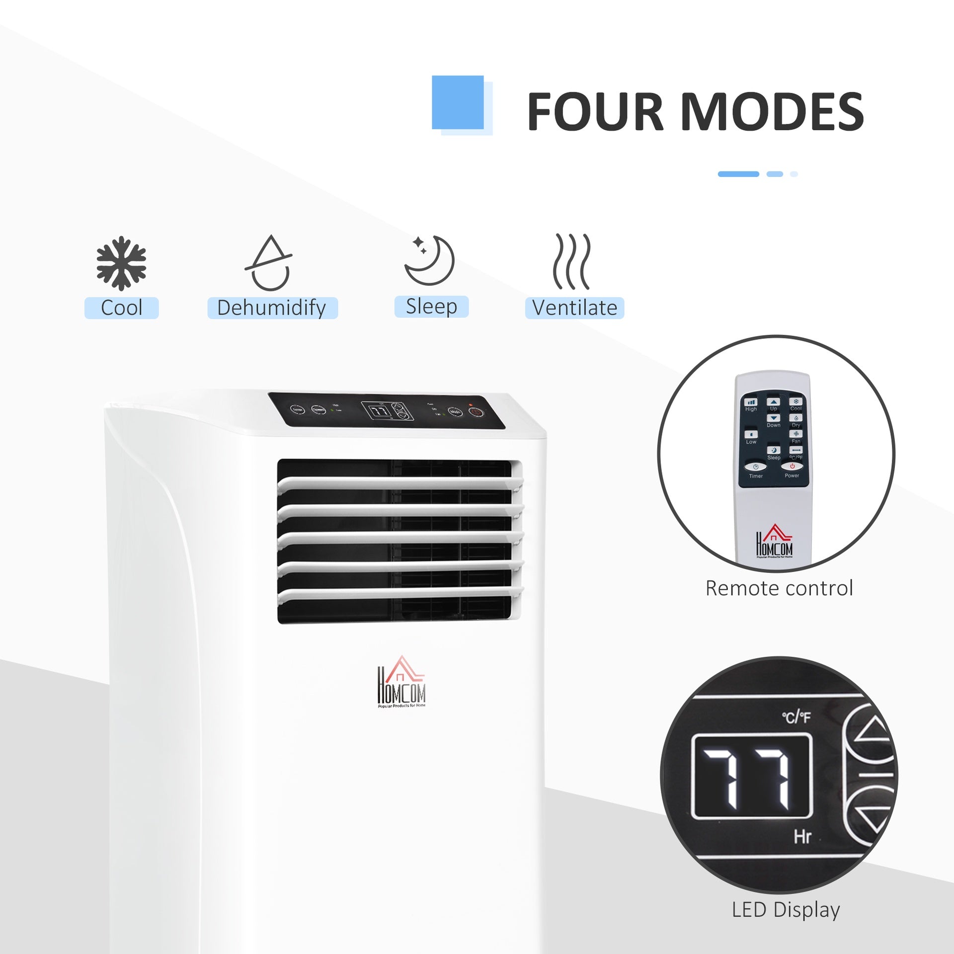 HOMCOM 8000BTU Mobile Portable Air Conditioner with Cooling, Dehumidifier, and Ventilating with Remote Control, 2 Speed Fans, 24-Hour Timer for Bedroom, Living Room, Home Office, White