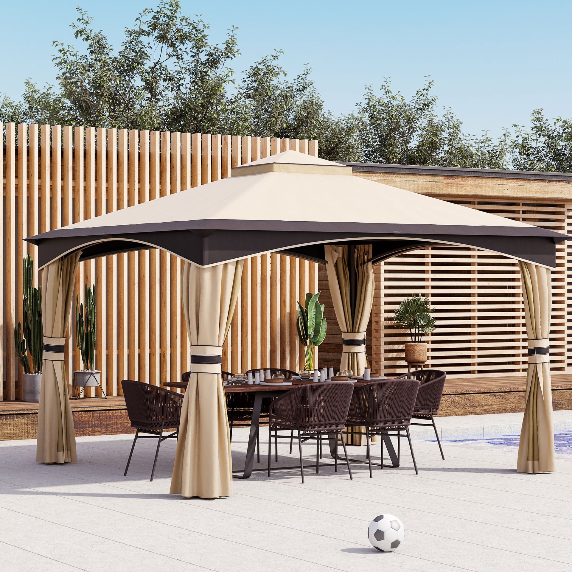 Outsunny 10' x 12' Outdoor Gazebo with Netting, Patio Gazebo Canopy with 2-Tier Soft Top Roof and Steel Frame for Lawn, Garden, Backyard and Deck