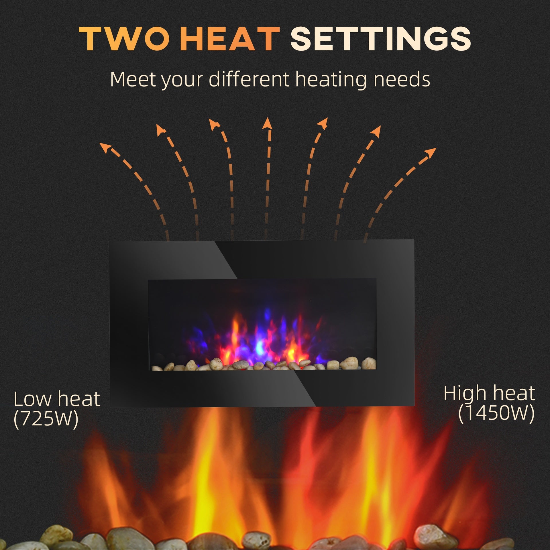 HOMCOM 28.5" 1450W Electric Wall-Mounted Fireplace with Flame Effect, 7 Color Background Light, Black