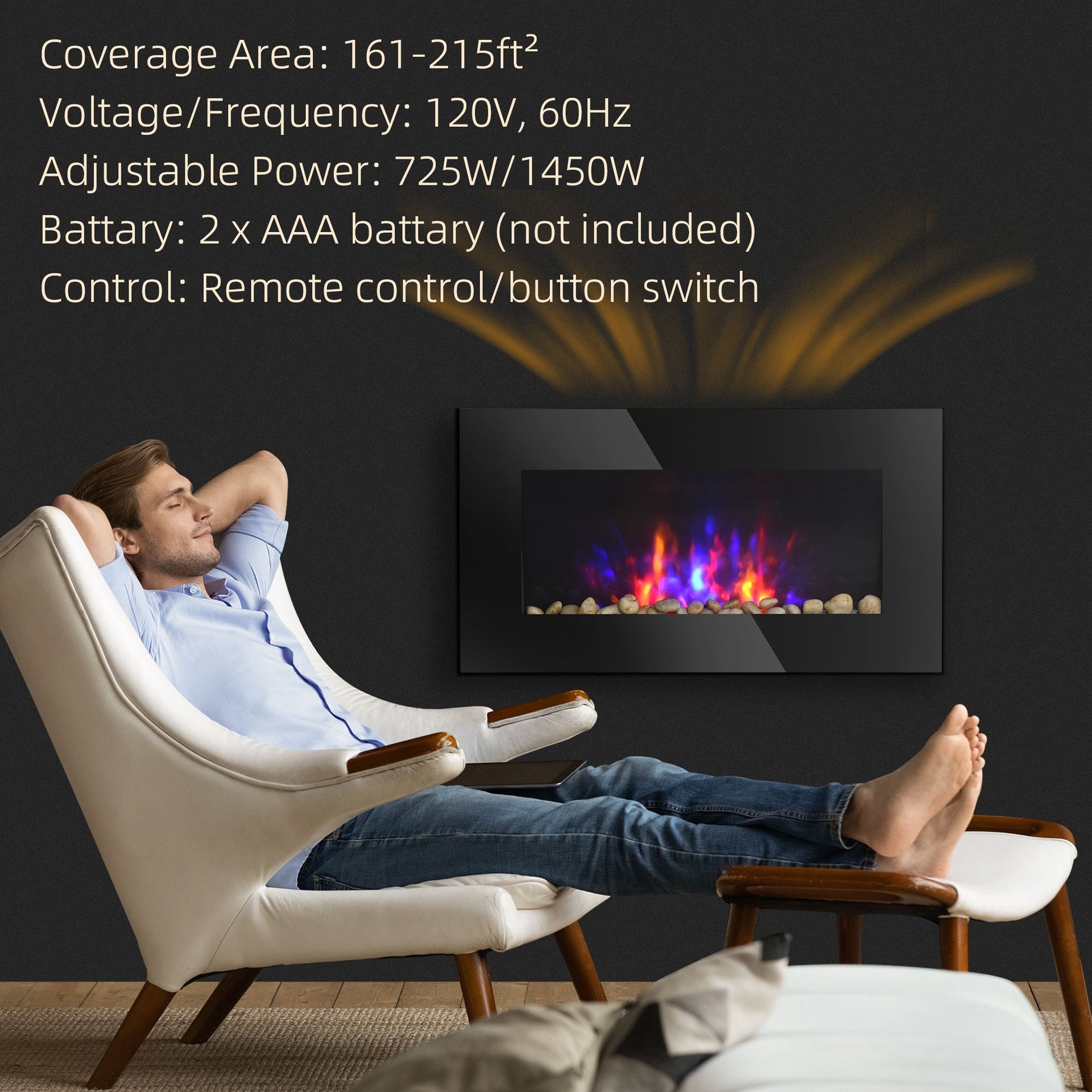 HOMCOM 28.5" 1450W Electric Wall-Mounted Fireplace with Flame Effect, 7 Color Background Light, Black