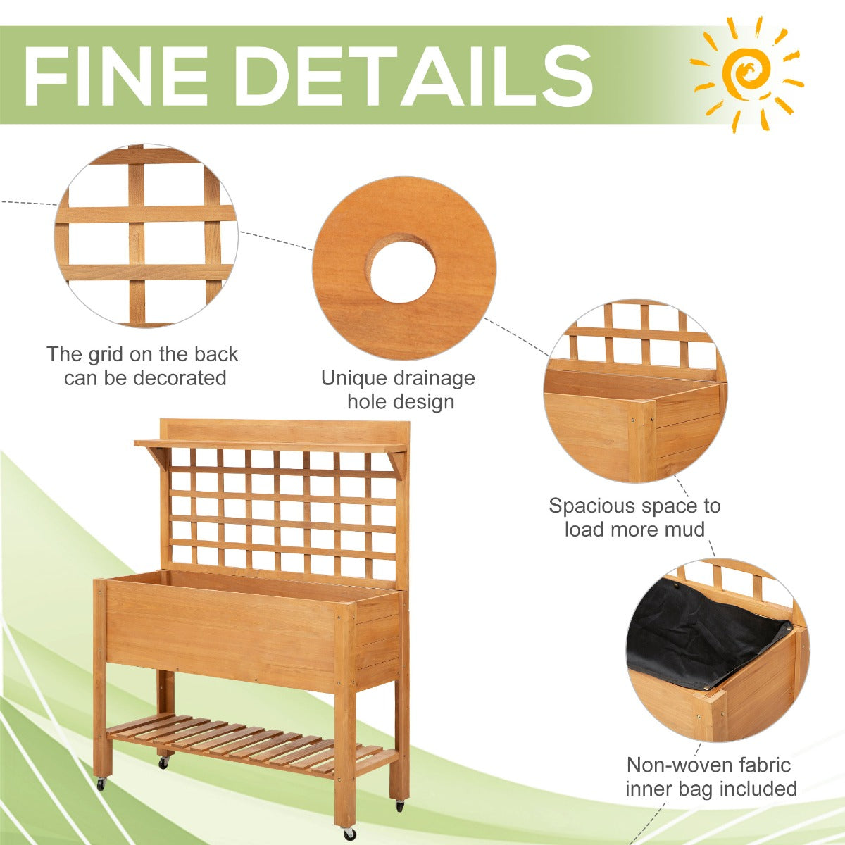 Outsunny 41"x18"x53" Elevated Garden Raised Bed with Shelf and Wheels Solid Wood Planter Flower Herb Boxes for Vegetables Flower Outdoor/Indoor - Brown
