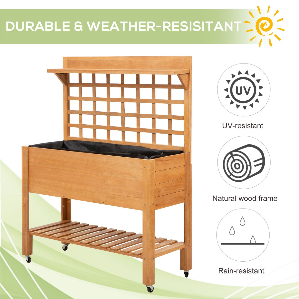 Outsunny 41"x18"x53" Elevated Garden Raised Bed with Shelf and Wheels Solid Wood Planter Flower Herb Boxes for Vegetables Flower Outdoor/Indoor - Brown