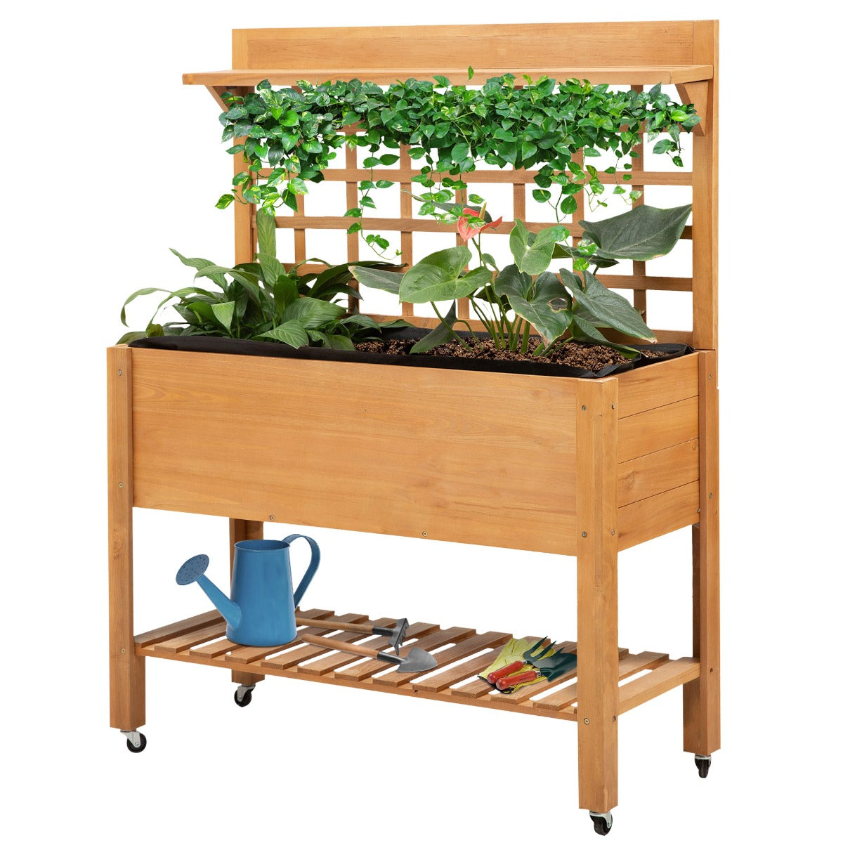 Outsunny 41"x18"x53" Elevated Garden Raised Bed with Shelf and Wheels Solid Wood Planter Flower Herb Boxes for Vegetables Flower Outdoor/Indoor - Brown