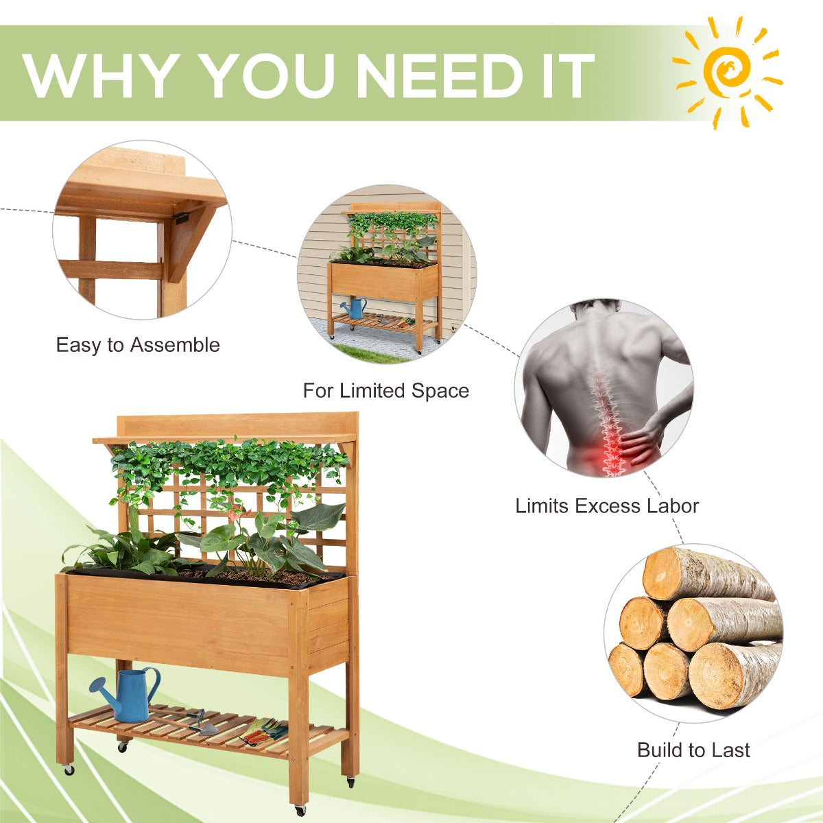 Outsunny 41"x18"x53" Elevated Garden Raised Bed with Shelf and Wheels Solid Wood Planter Flower Herb Boxes for Vegetables Flower Outdoor/Indoor - Brown