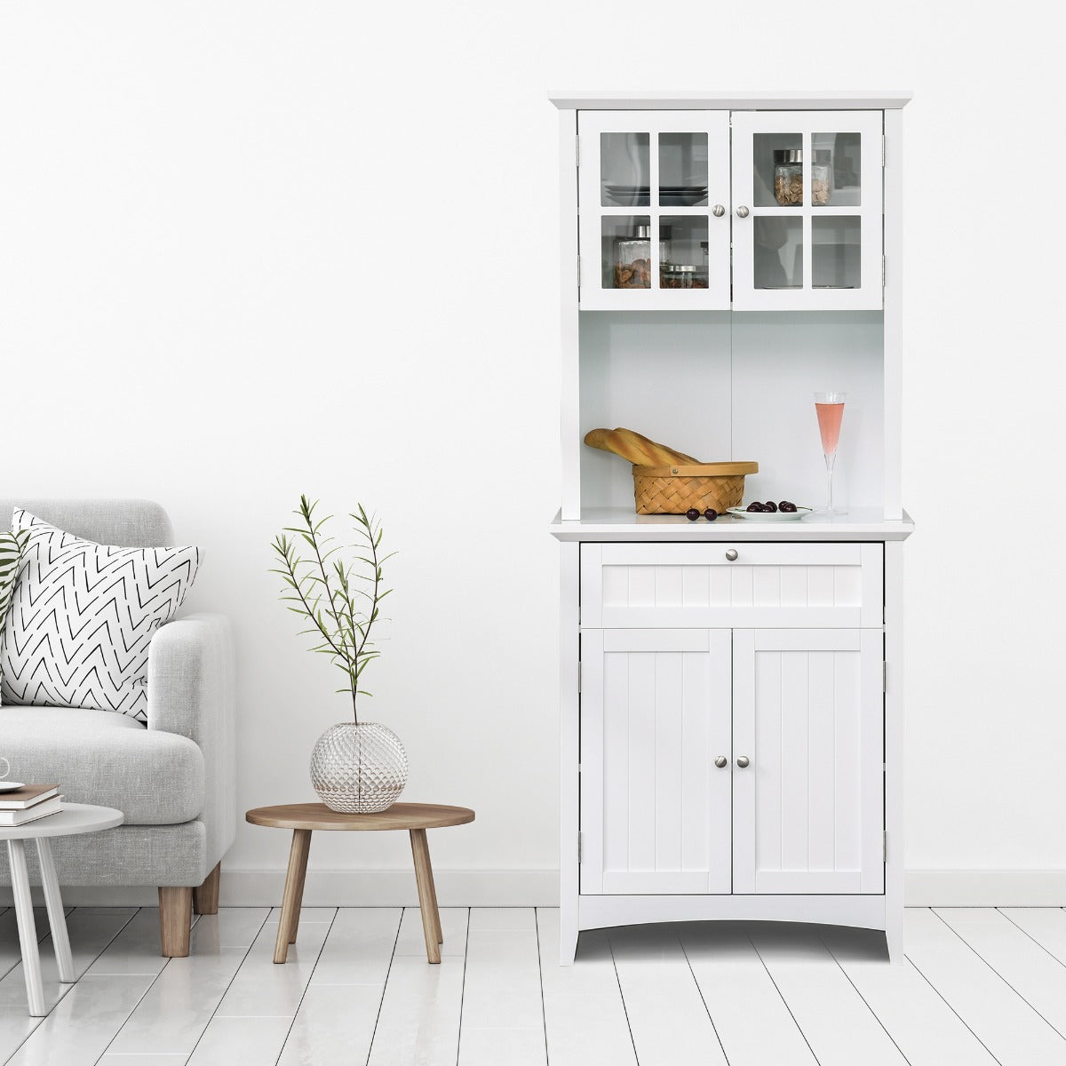 HOMCOM Kitchen Buffet Hutch Cabinet, Freestanding Kitchen Pantry Storage Cabinet Cupboard with Framed Glass Door, Drawer and Microwave Space, White