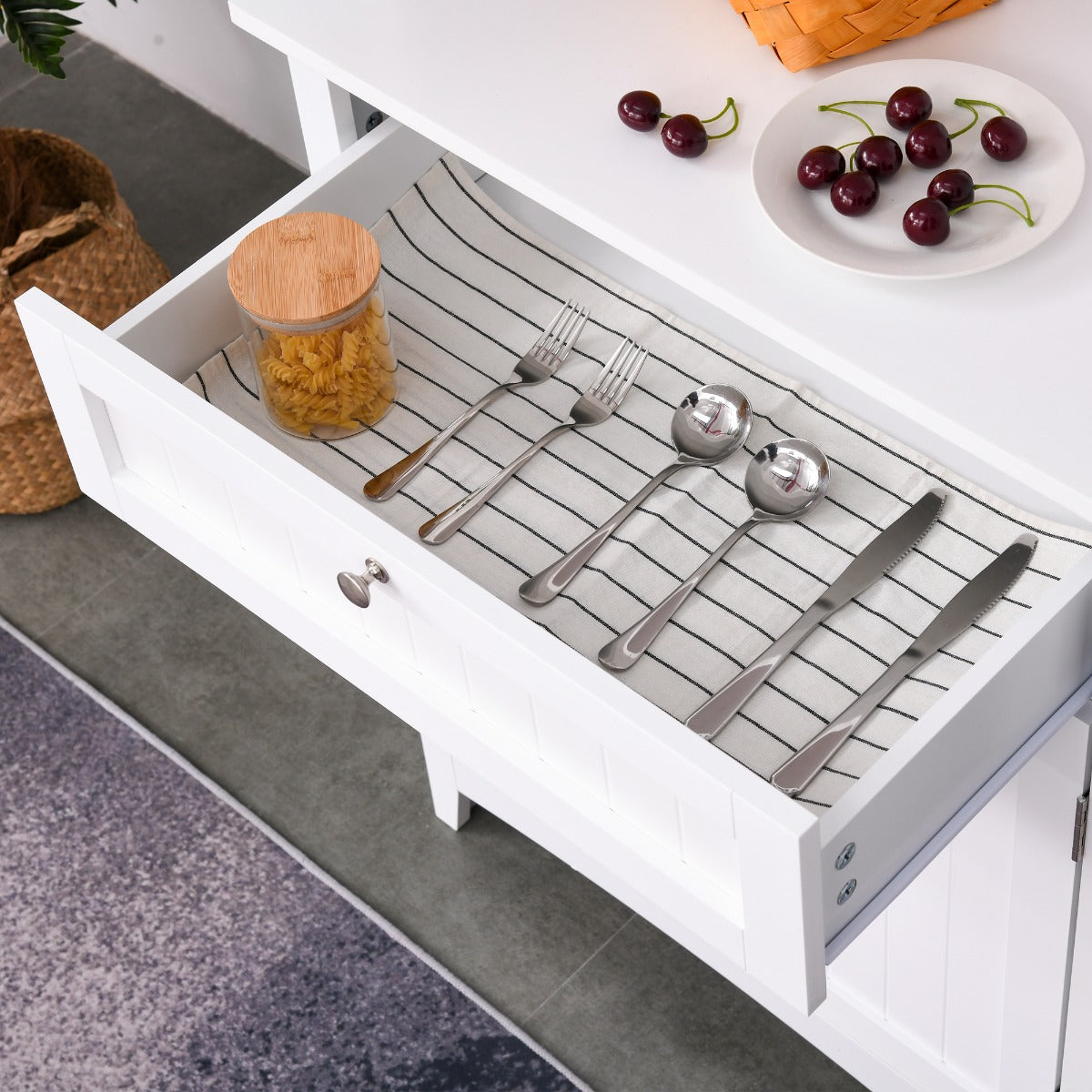HOMCOM Kitchen Buffet Hutch Cabinet, Freestanding Kitchen Pantry Storage Cabinet Cupboard with Framed Glass Door, Drawer and Microwave Space, White