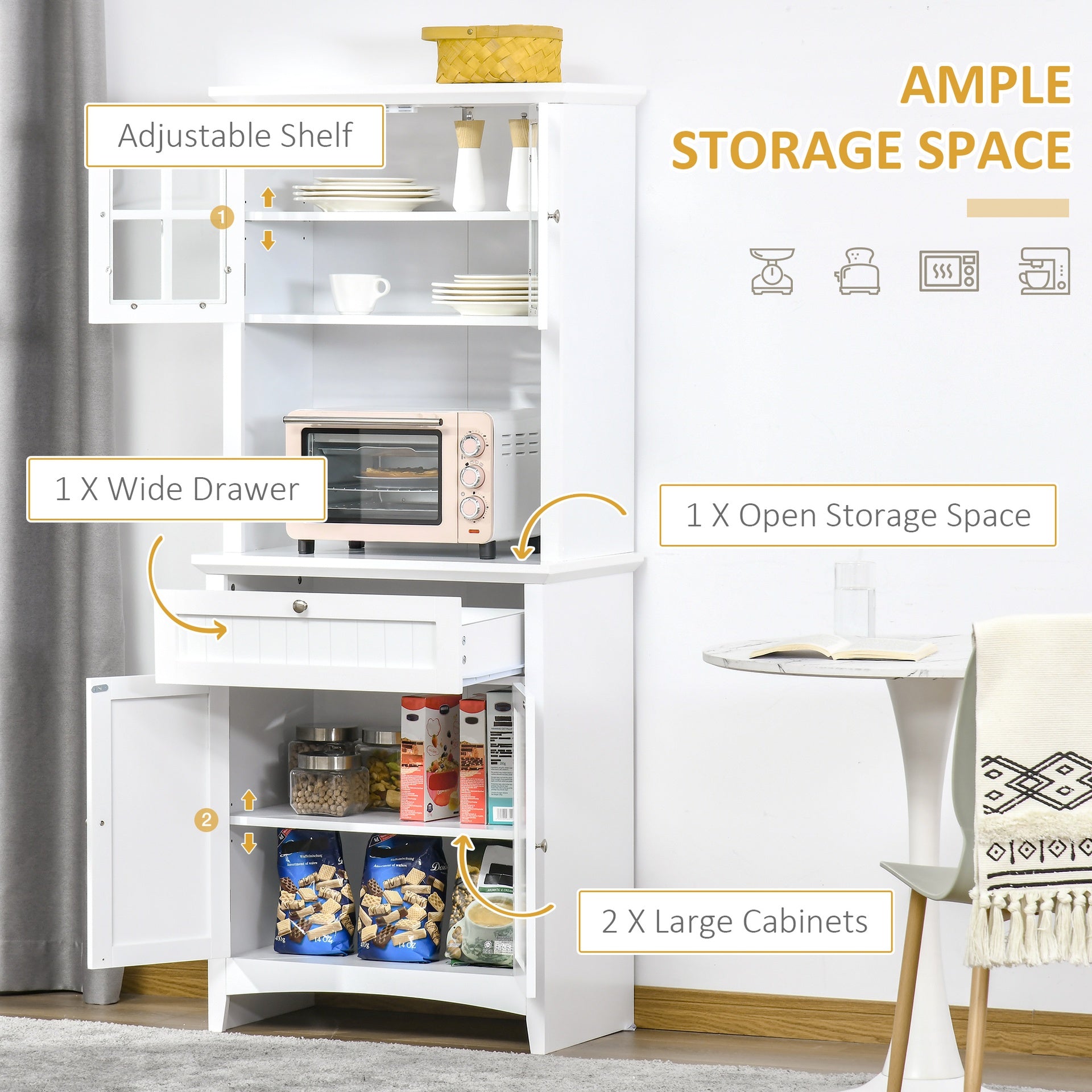 HOMCOM Kitchen Buffet Hutch Cabinet, Freestanding Kitchen Pantry Storage Cabinet Cupboard with Framed Glass Door, Drawer and Microwave Space, White