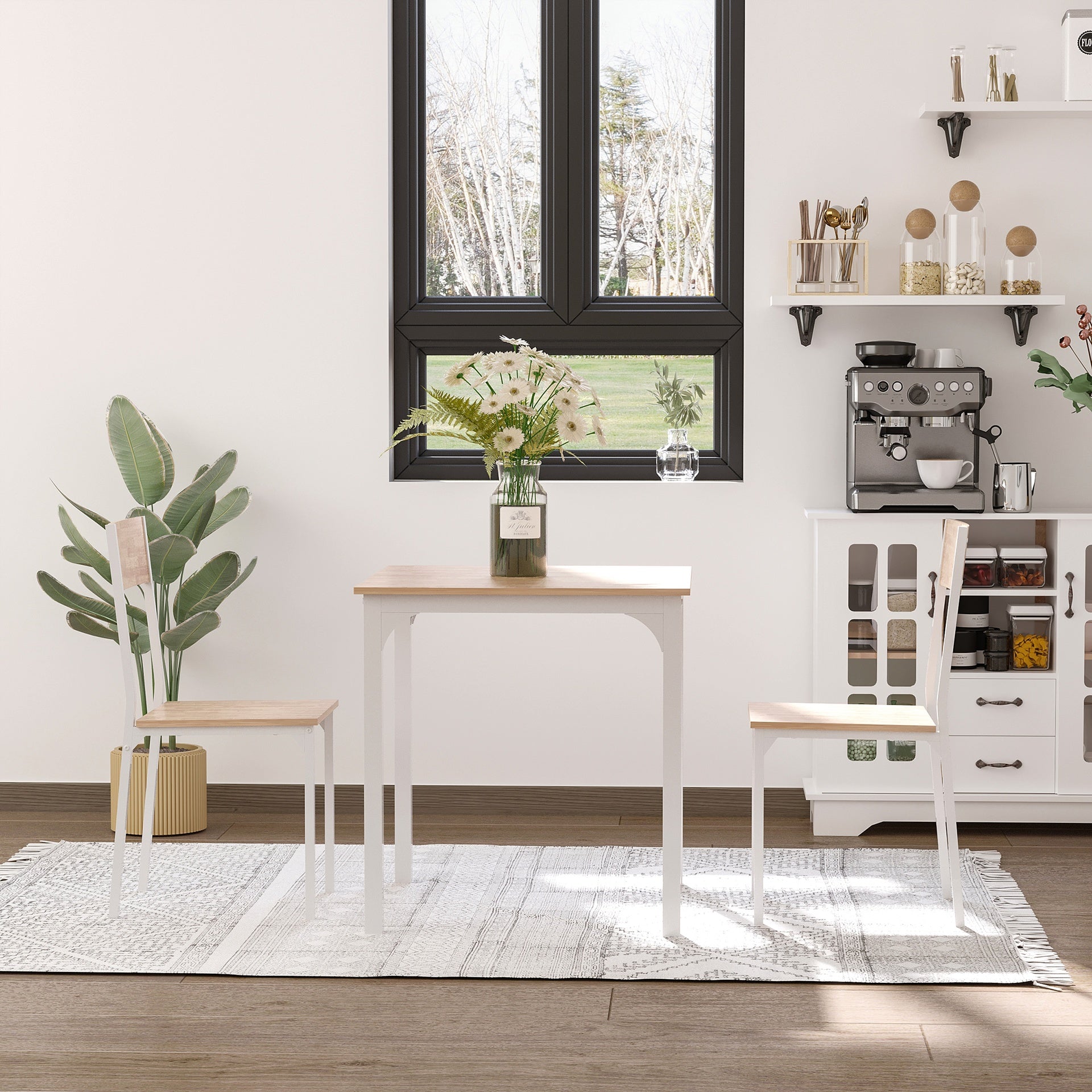 HOMCOM 3-Piece Wooden Square Dining Table Set with 1 Table and 2 Chairs and Sturdy Metal Frame for Small Space, White