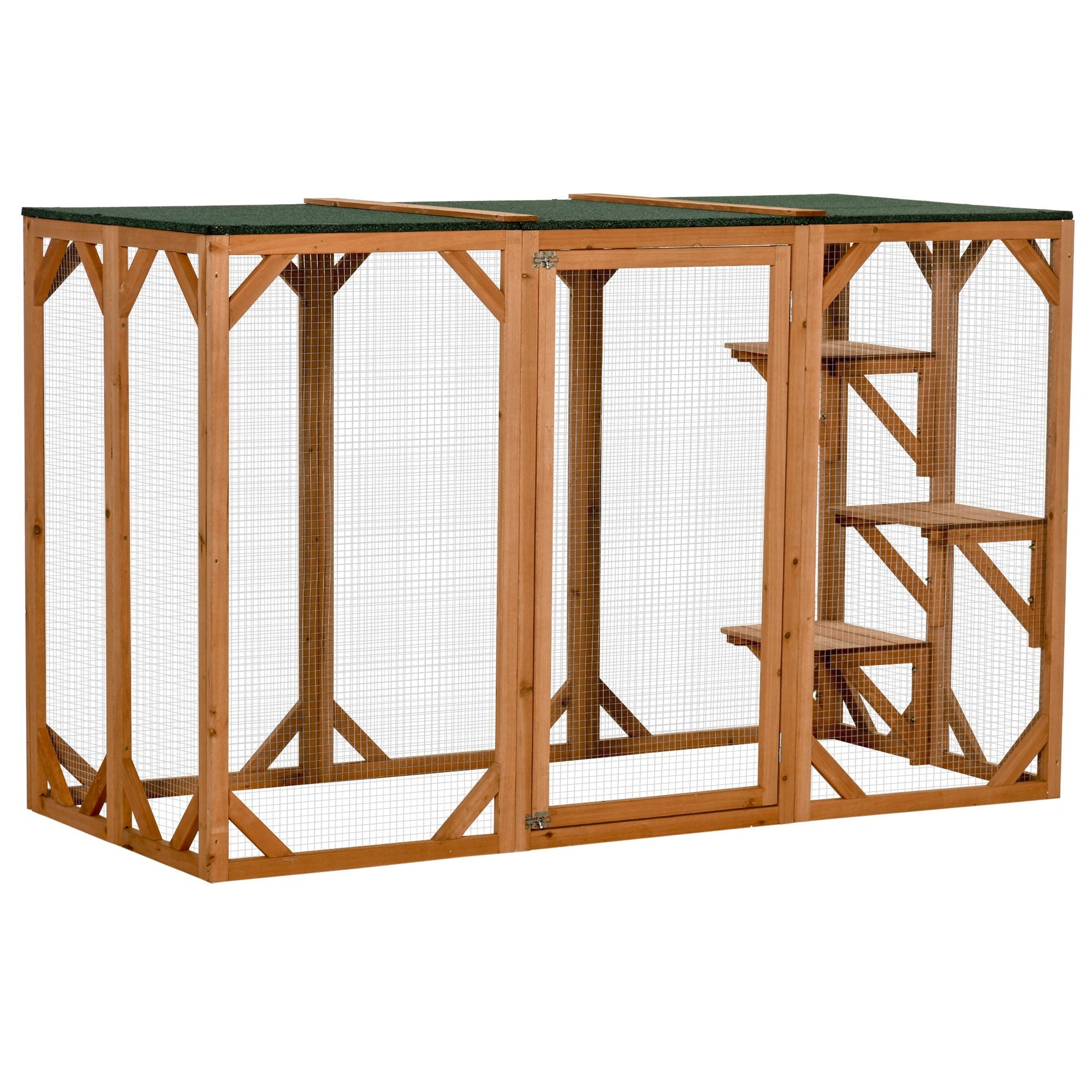 PawHut Outdoor Cat House, Catio Wooden Feral Cat Shelter, Cat Cage with Platforms, Large Enter Door, Weather Protection Asphalt Roof, 71" L, Orange