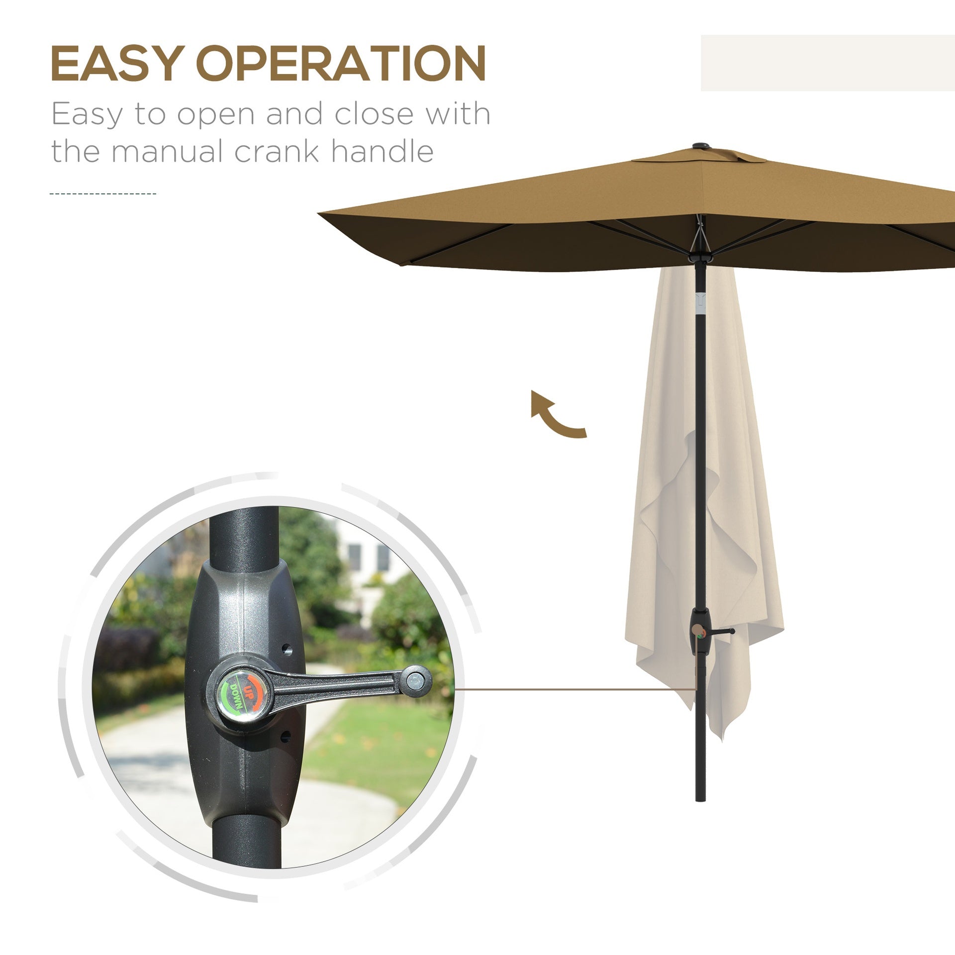 Outsunny 6.6' x 10' Rectangular Market Umbrella, Patio Outdoor Table Umbrella with Crank and Push Button Tilt, Coffee