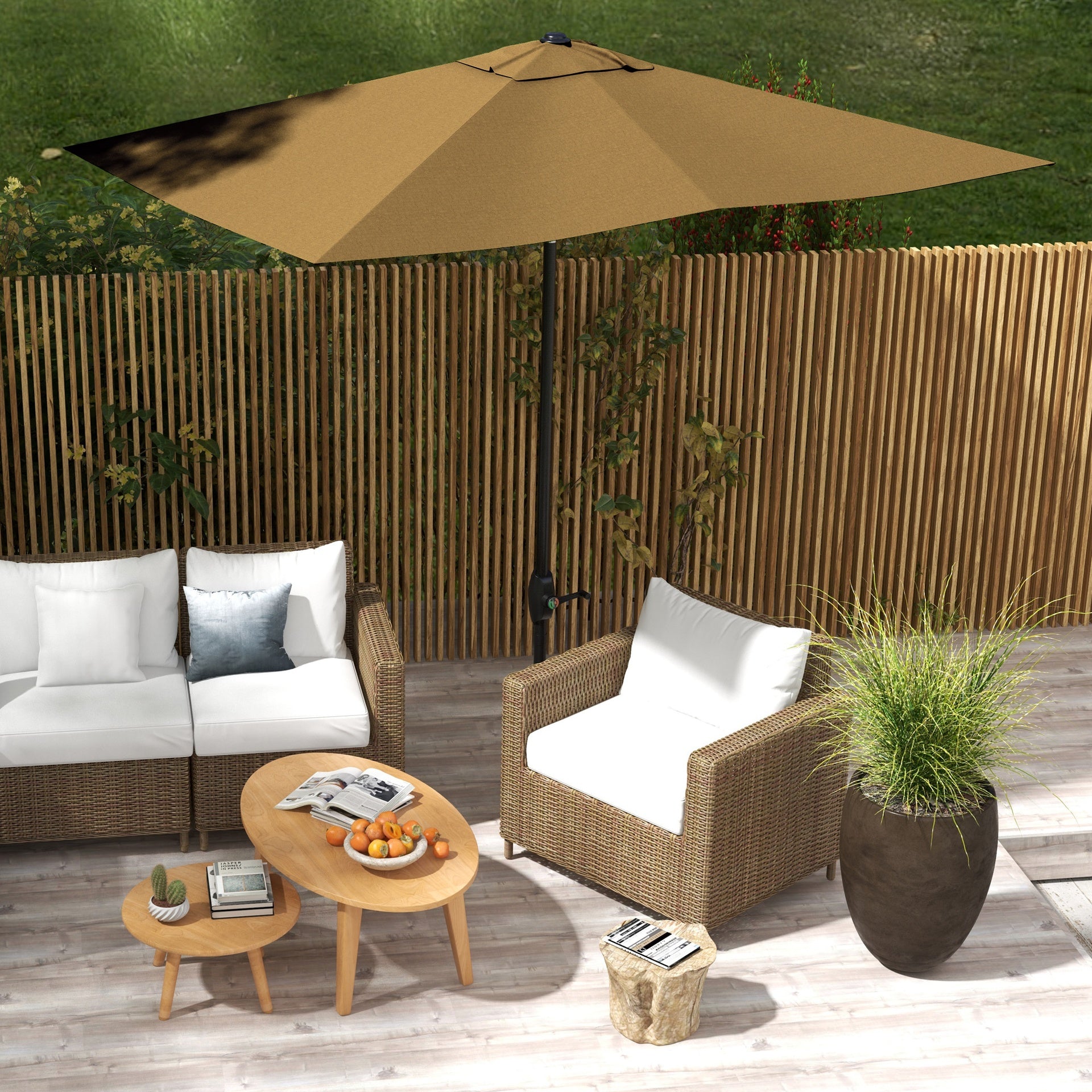 Outsunny 6.6' x 10' Rectangular Market Umbrella, Patio Outdoor Table Umbrella with Crank and Push Button Tilt, Coffee
