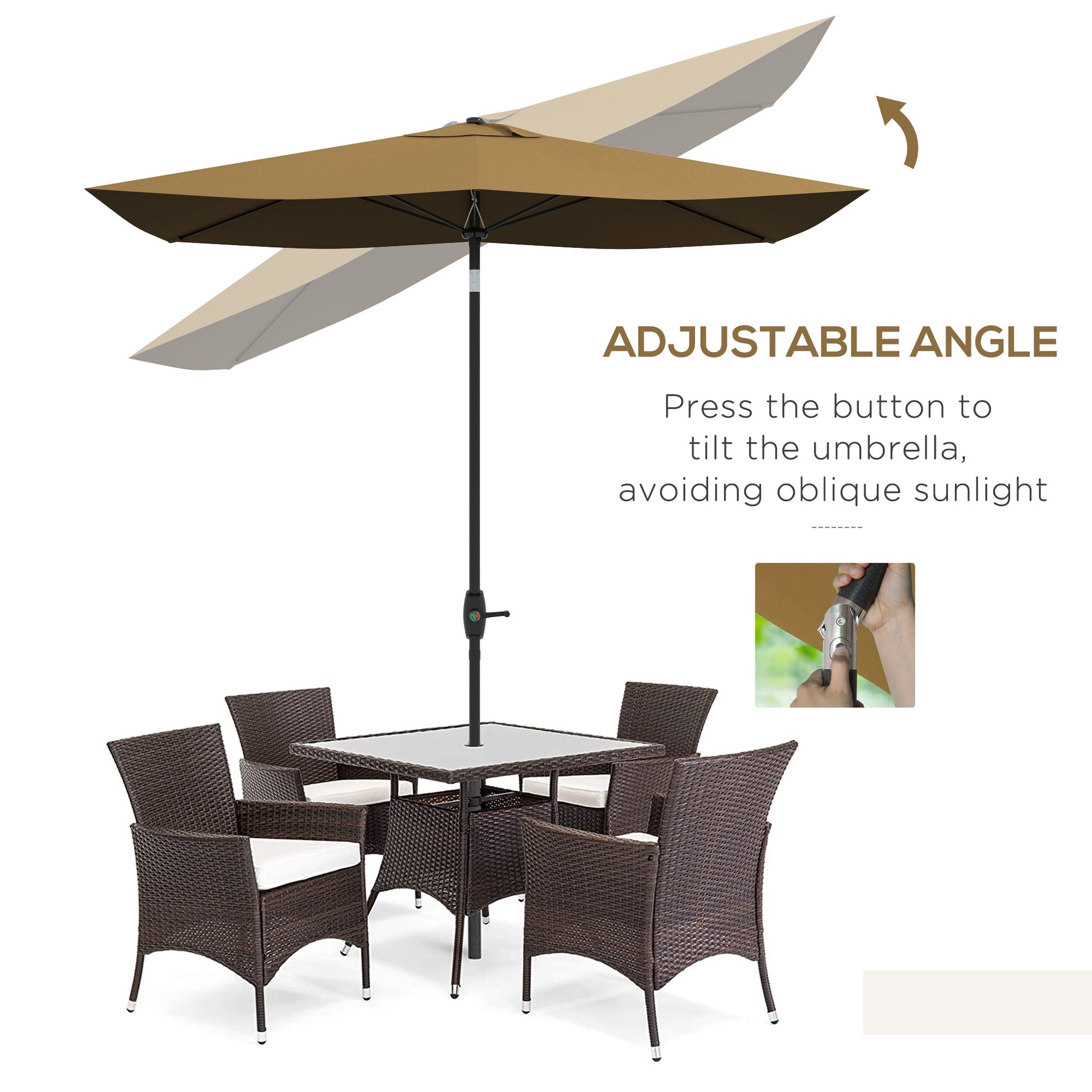 Outsunny 6.6' x 10' Rectangular Market Umbrella, Patio Outdoor Table Umbrella with Crank and Push Button Tilt, Coffee