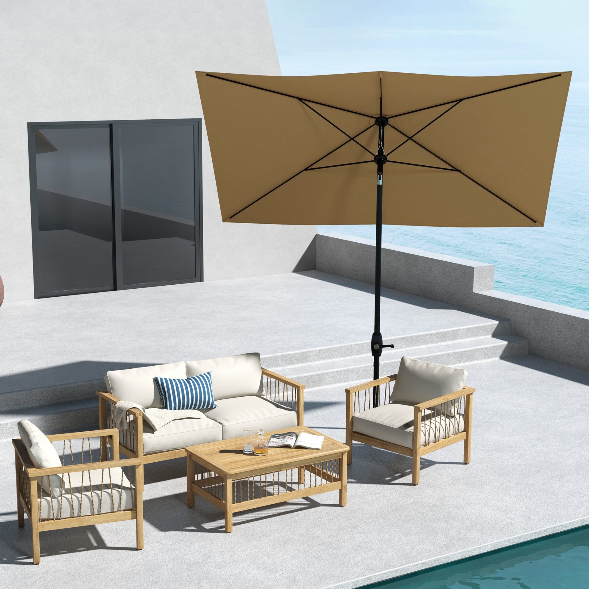 Outsunny 6.6' x 10' Rectangular Market Umbrella, Patio Outdoor Table Umbrella with Crank and Push Button Tilt, Coffee