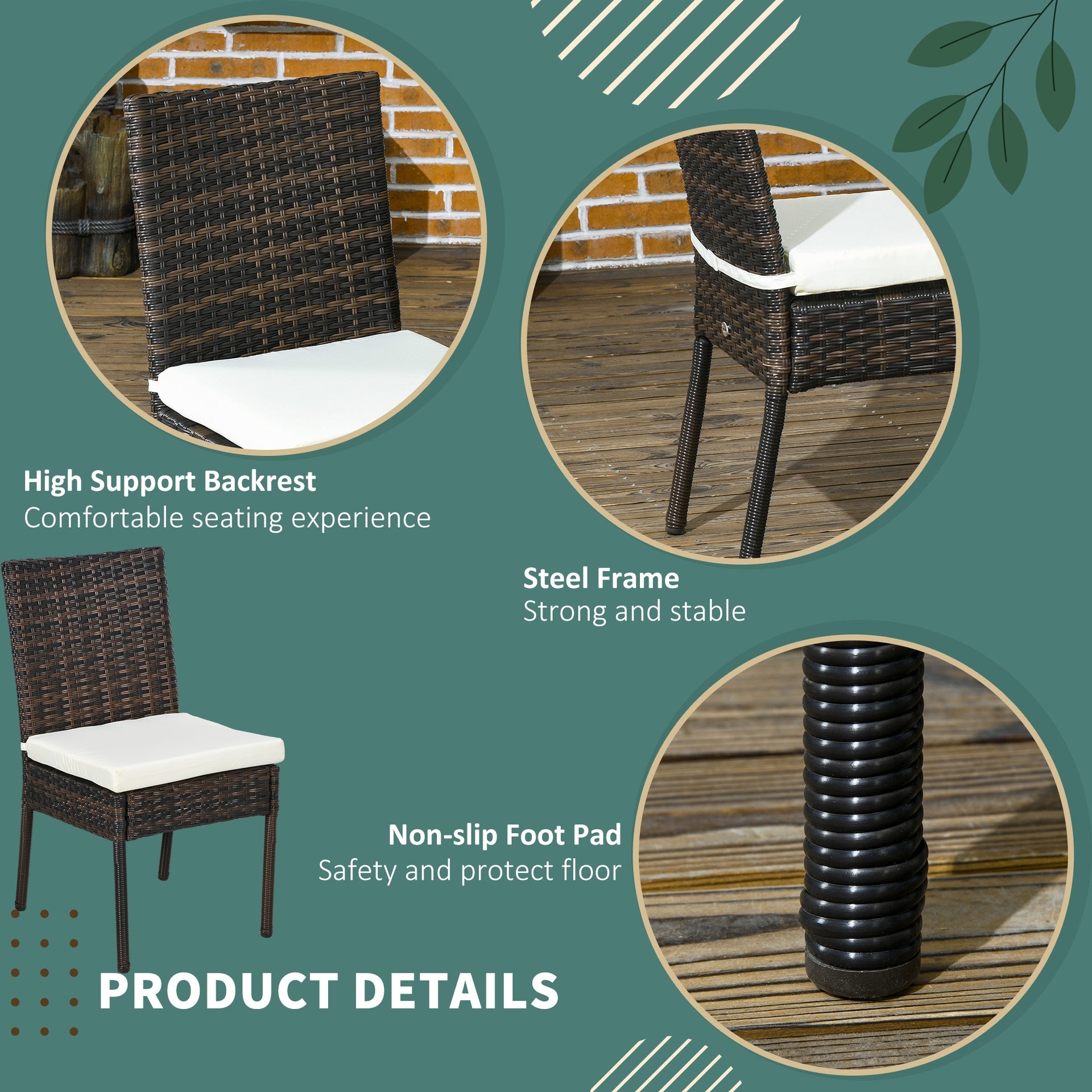 Outsunny 4 PE Rattan Outdoor Dining Chairs with Cushions, Patio Wicker Dining Chairs with Backrest, Brown
