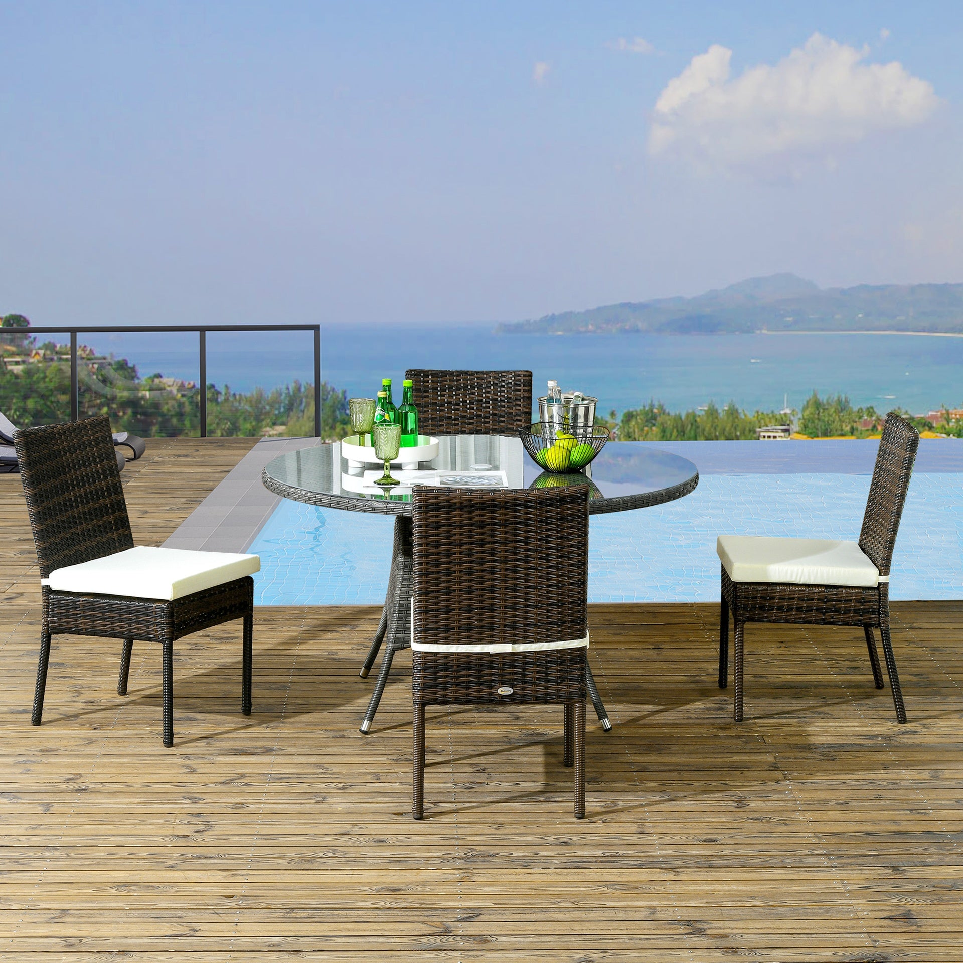 Outsunny 4 PE Rattan Outdoor Dining Chairs with Cushions, Patio Wicker Dining Chairs with Backrest, Brown