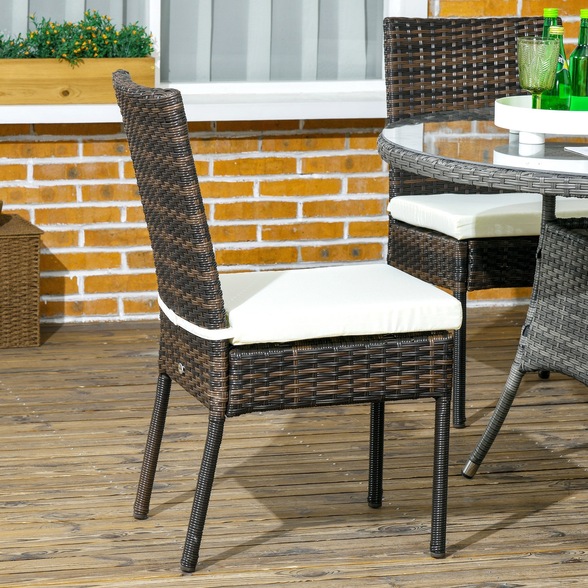 Outsunny 4 PE Rattan Outdoor Dining Chairs with Cushions, Patio Wicker Dining Chairs with Backrest, Brown